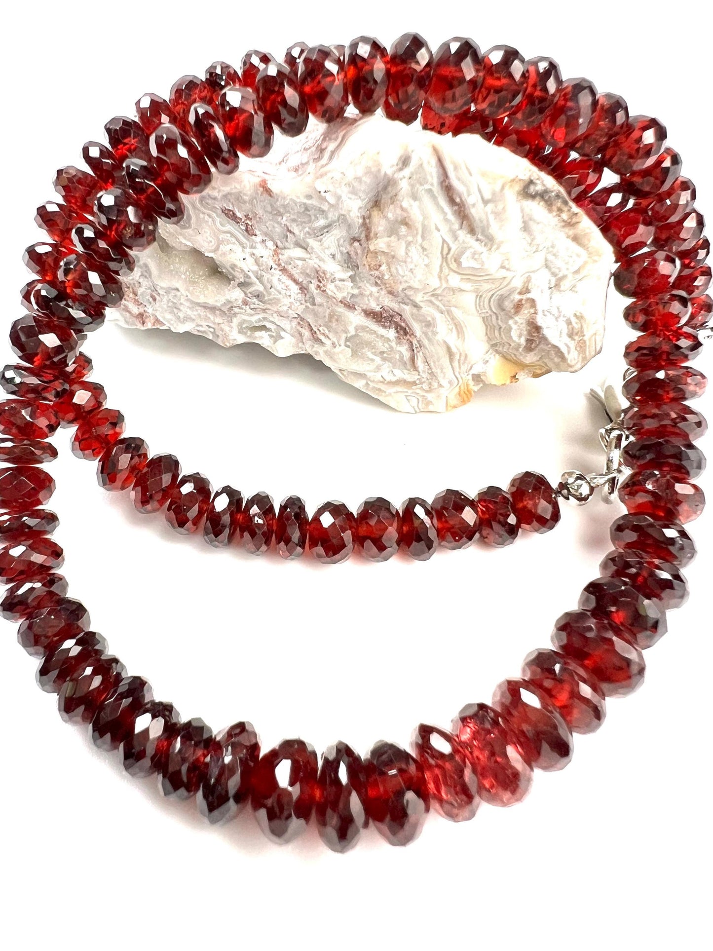 AAA Garnet Graduated Rondelle Necklace, Rhodium Sterling Silver Clasp. 6.5-8mm large garnet