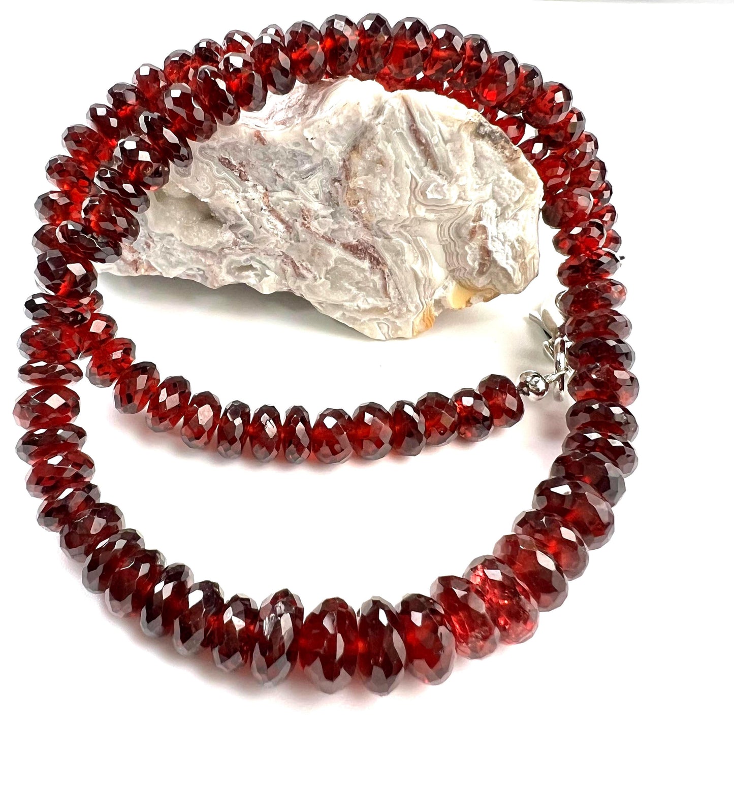 AAA Garnet Graduated Rondelle Necklace, Rhodium Sterling Silver Clasp. 6.5-8mm large garnet