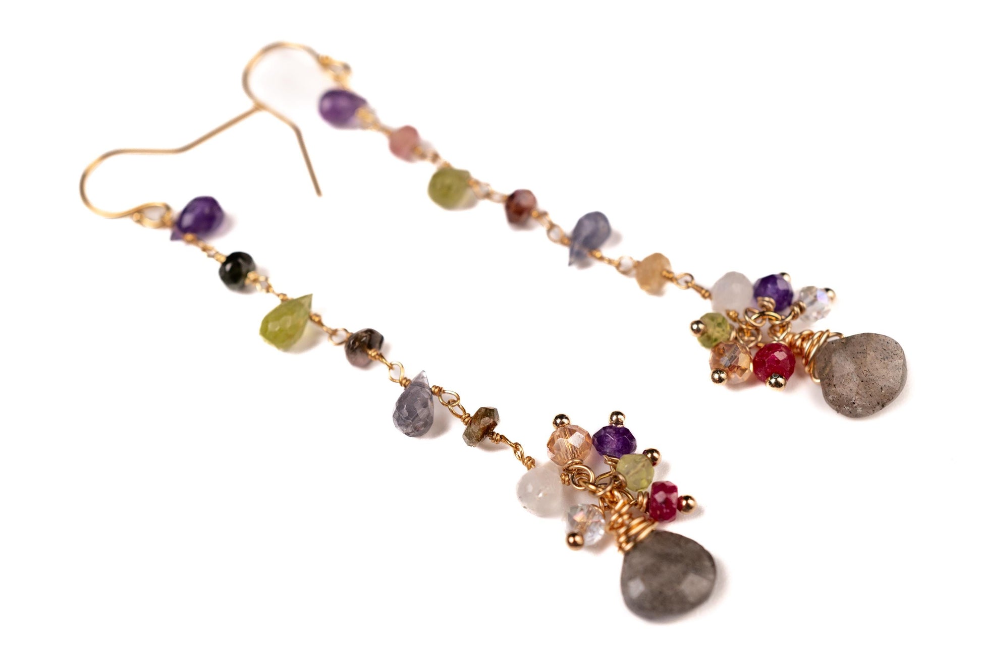 Multi Gemstones Faceted Briolette Drop and Rondelle with Dangling Labradorite Gold Vermeil Earrings, Amethyst, Moonstone, Ruby, Labradorite