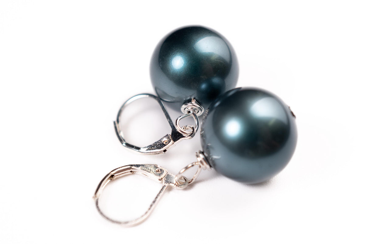 Teal Green South Sea Shell Pearl 16mm Leverback Earrings, Boho, Handmade Gift for Her