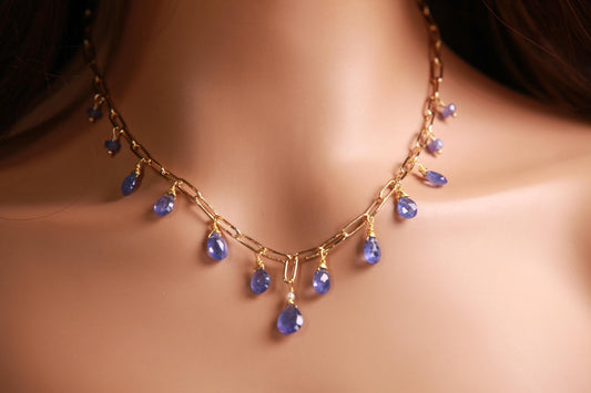 Natural Tanzanite AAA+ Faceted Pear Drop Wire Wrapped Dangling 14k Gold Filled Handmade Necklace. Precious Elegant gift unity
