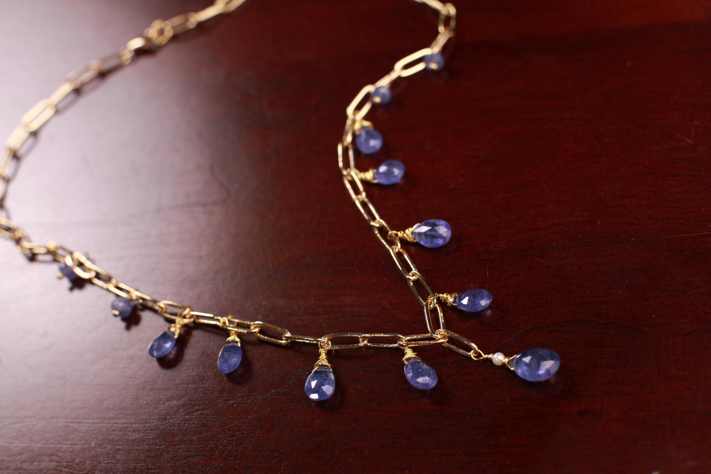 Natural Tanzanite AAA+ Faceted Pear Drop Wire Wrapped Dangling 14k Gold Filled Handmade Necklace. Precious Elegant gift unity
