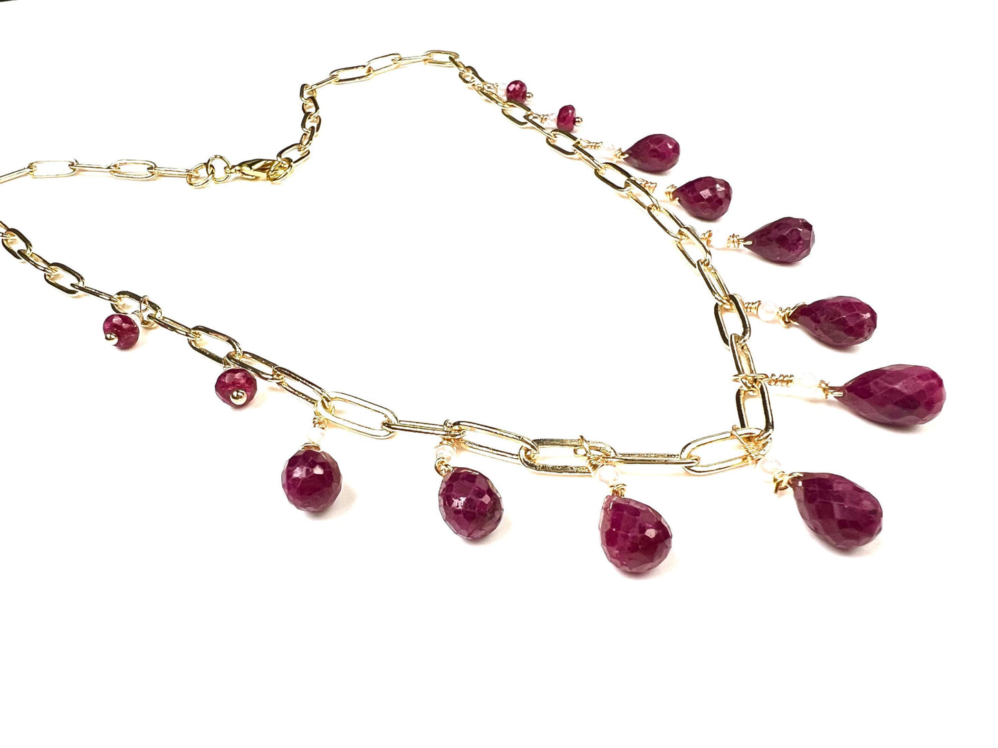 Natural Ruby red Faceted Drop Wire Wrapped Dangling 14k Gold Filled Handmade Necklace. Precious Elegant gift unity
