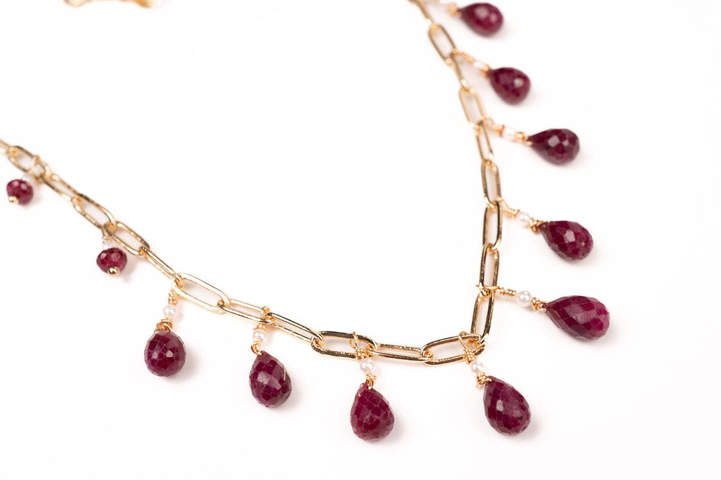 Natural Ruby red Faceted Drop Wire Wrapped Dangling 14k Gold Filled Handmade Necklace. Precious Elegant gift unity