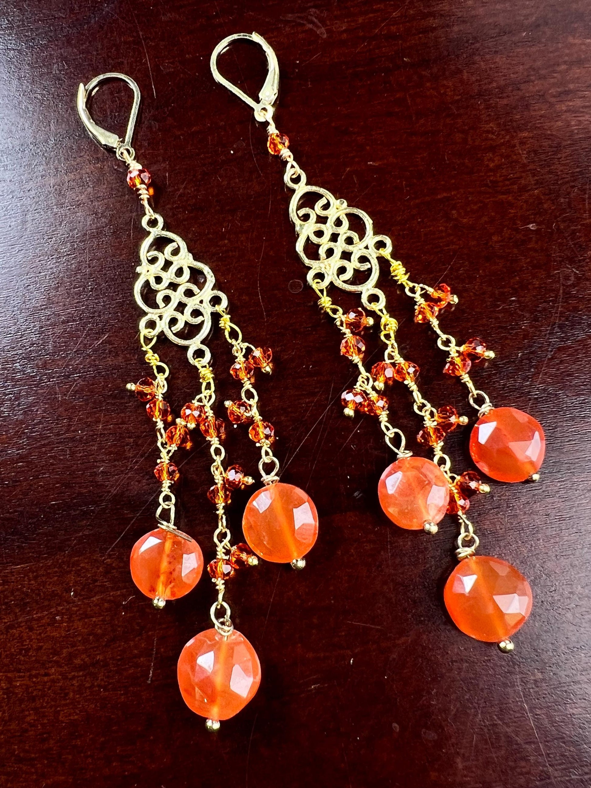 Natural Carnelian faceted orange chandelier 18k gold Vermeil earrings