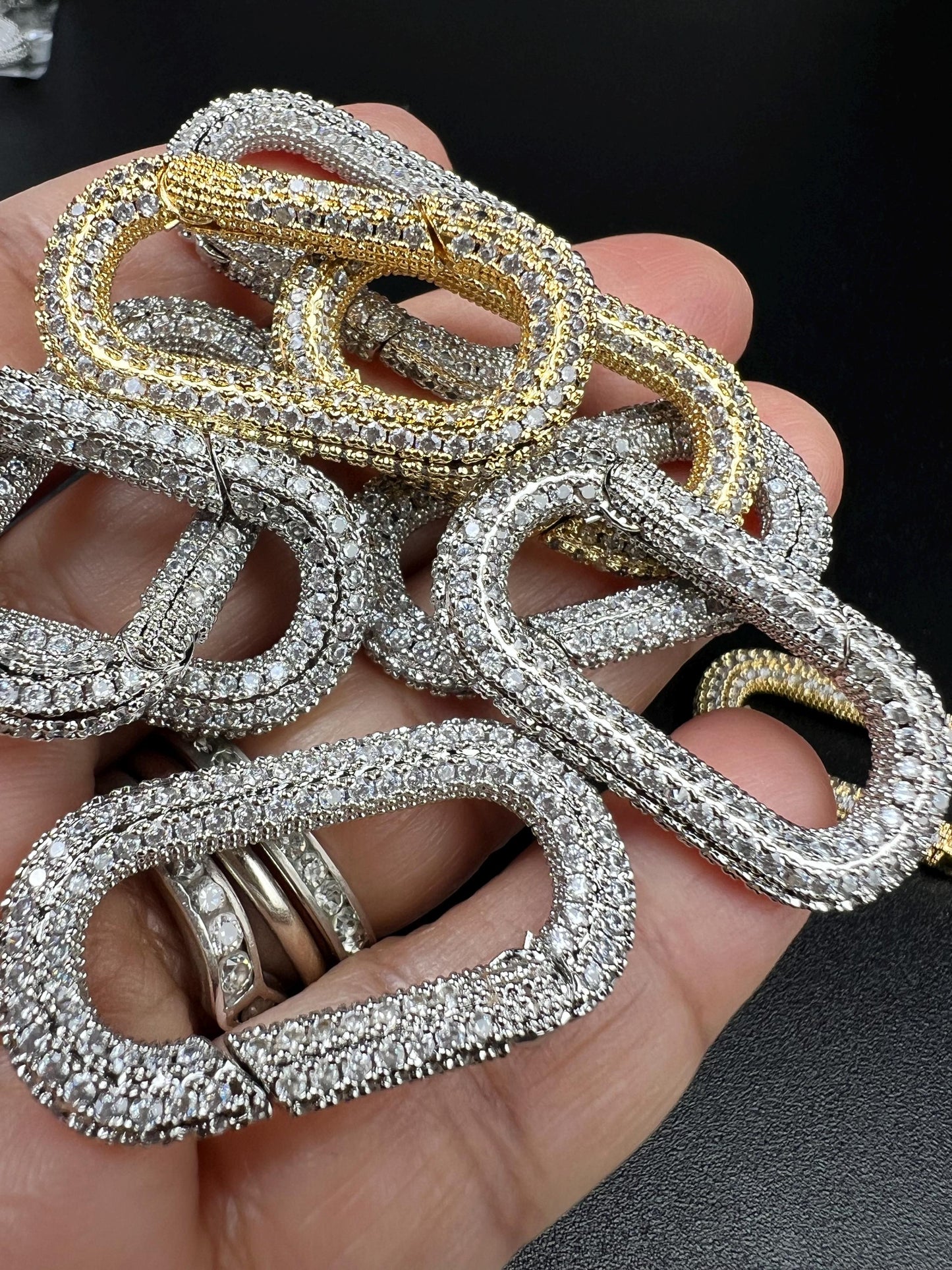 Cubic Zirconia CZ Diamond Micro Pave Push In Carabiner Clasp double sided Diamond setting Jewelry making fancy clasp 1pc, 30mm Long