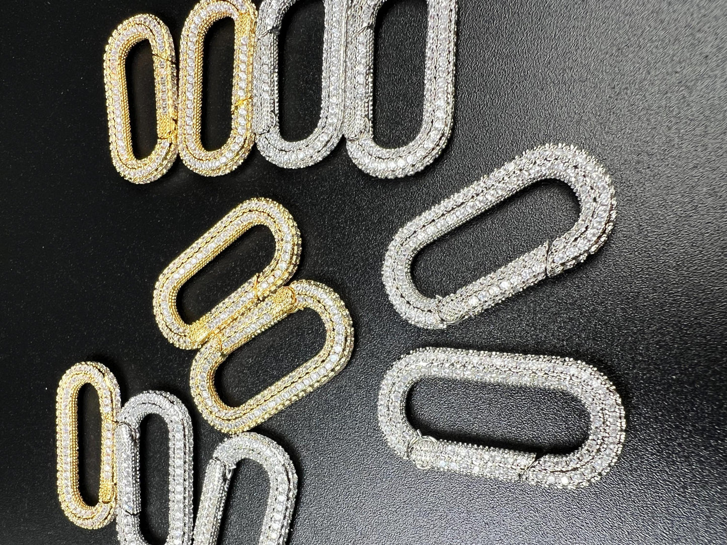 Cubic Zirconia CZ Diamond Micro Pave Push In Carabiner Clasp double sided Diamond setting Jewelry making fancy rectangular clasp 1pc, 33mm