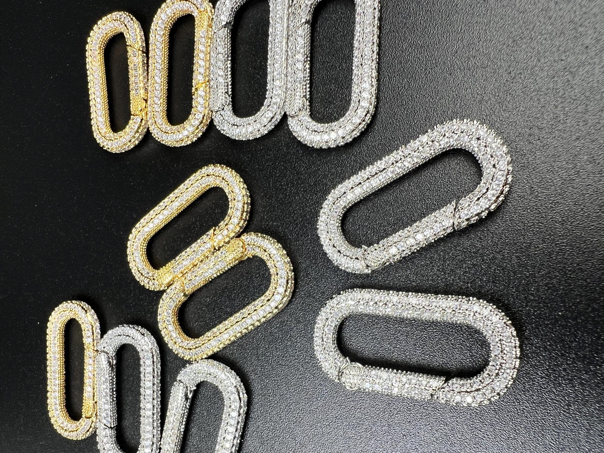 Cubic Zirconia CZ Diamond Micro Pave Push In Carabiner Clasp double sided Diamond setting Jewelry making fancy rectangular clasp 1pc, 33mm
