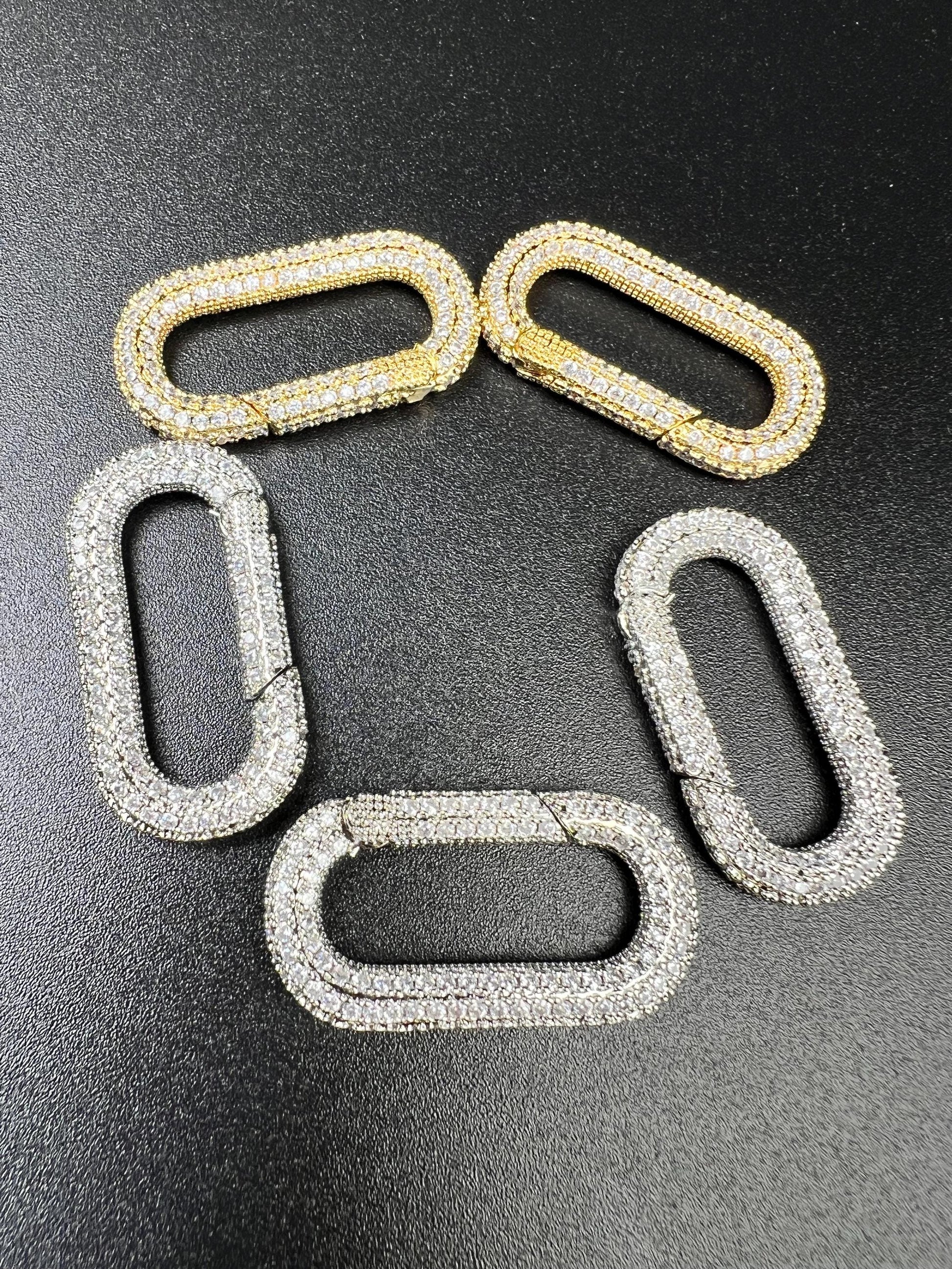 Cubic Zirconia CZ Diamond Micro Pave Push In Carabiner Clasp double sided Diamond setting Jewelry making fancy rectangular clasp 1pc, 33mm