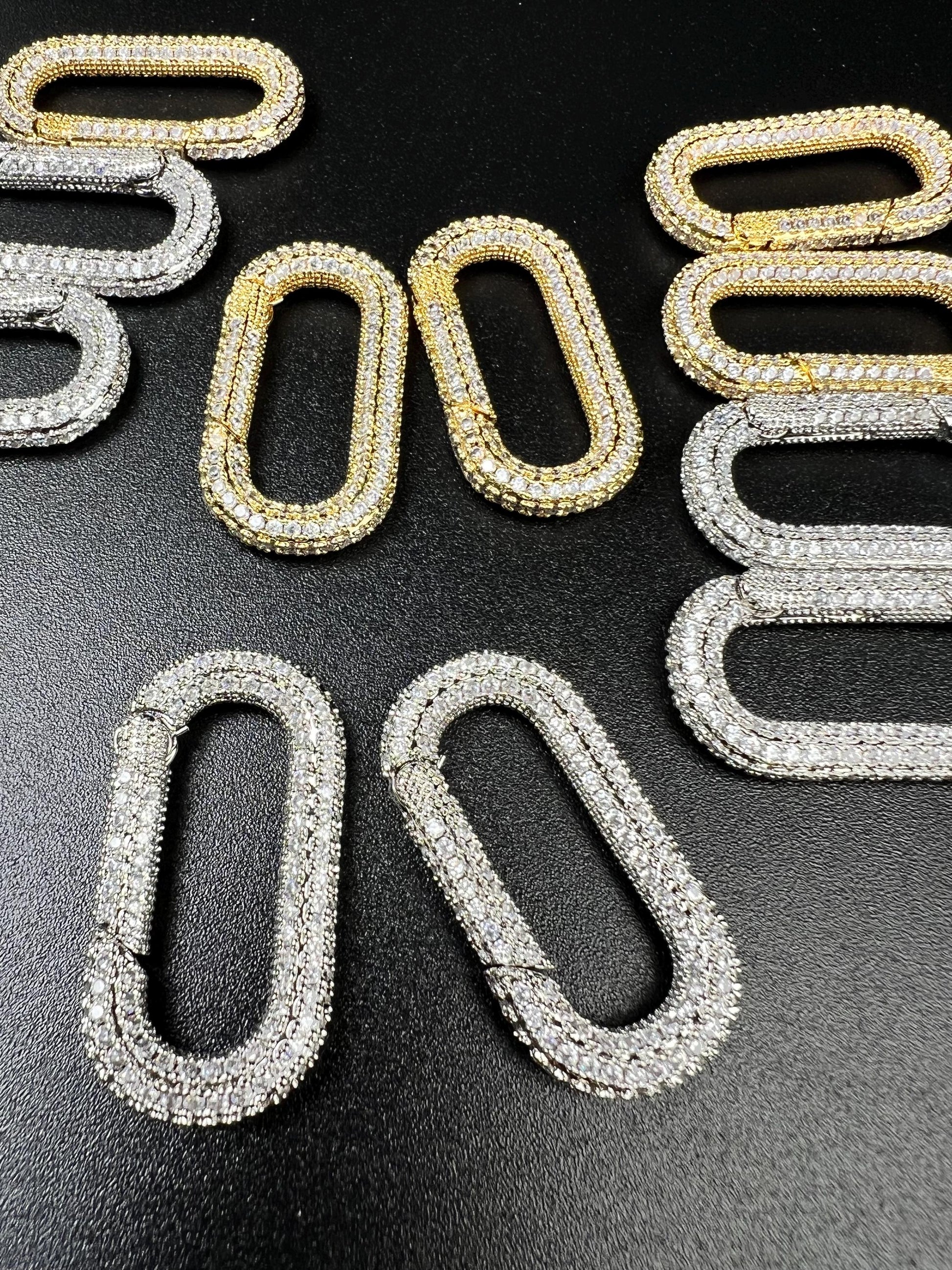 Cubic Zirconia CZ Diamond Micro Pave Push In Carabiner Clasp double sided Diamond setting Jewelry making fancy clasp 1pc, 30mm Long