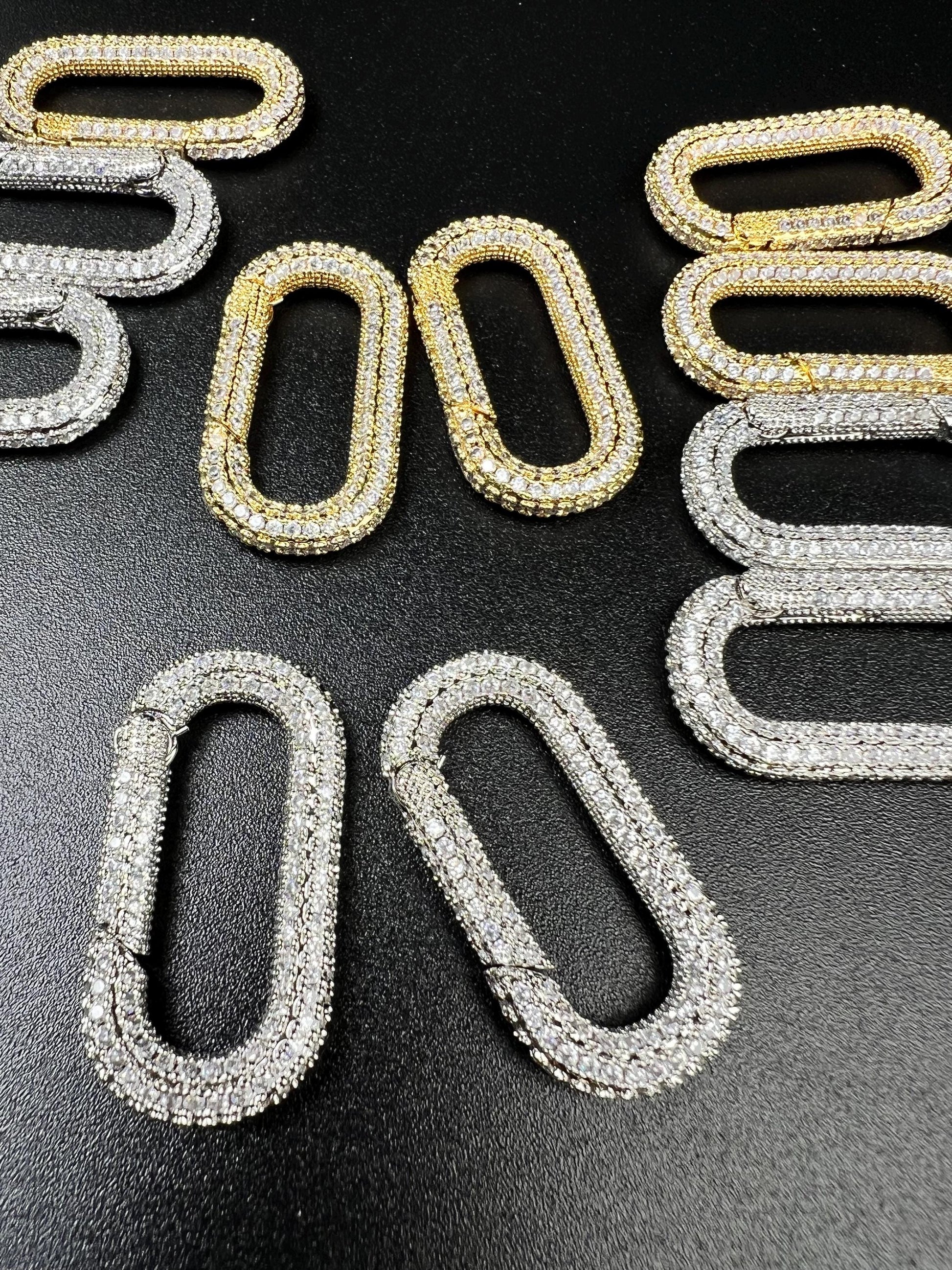 Cubic Zirconia CZ Diamond Micro Pave Push In Carabiner Clasp double sided Diamond setting Jewelry making fancy clasp 1pc, 30mm Long