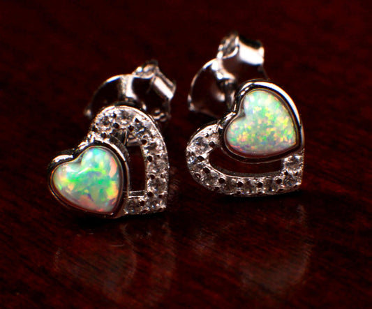 Ethiopian Fire Opal, Welo Opal, 7mm Double Heart CZ Diamond Stud Earrings 925 Sterling Silver AAA Fiery Opal Elegant Earring valentines gift