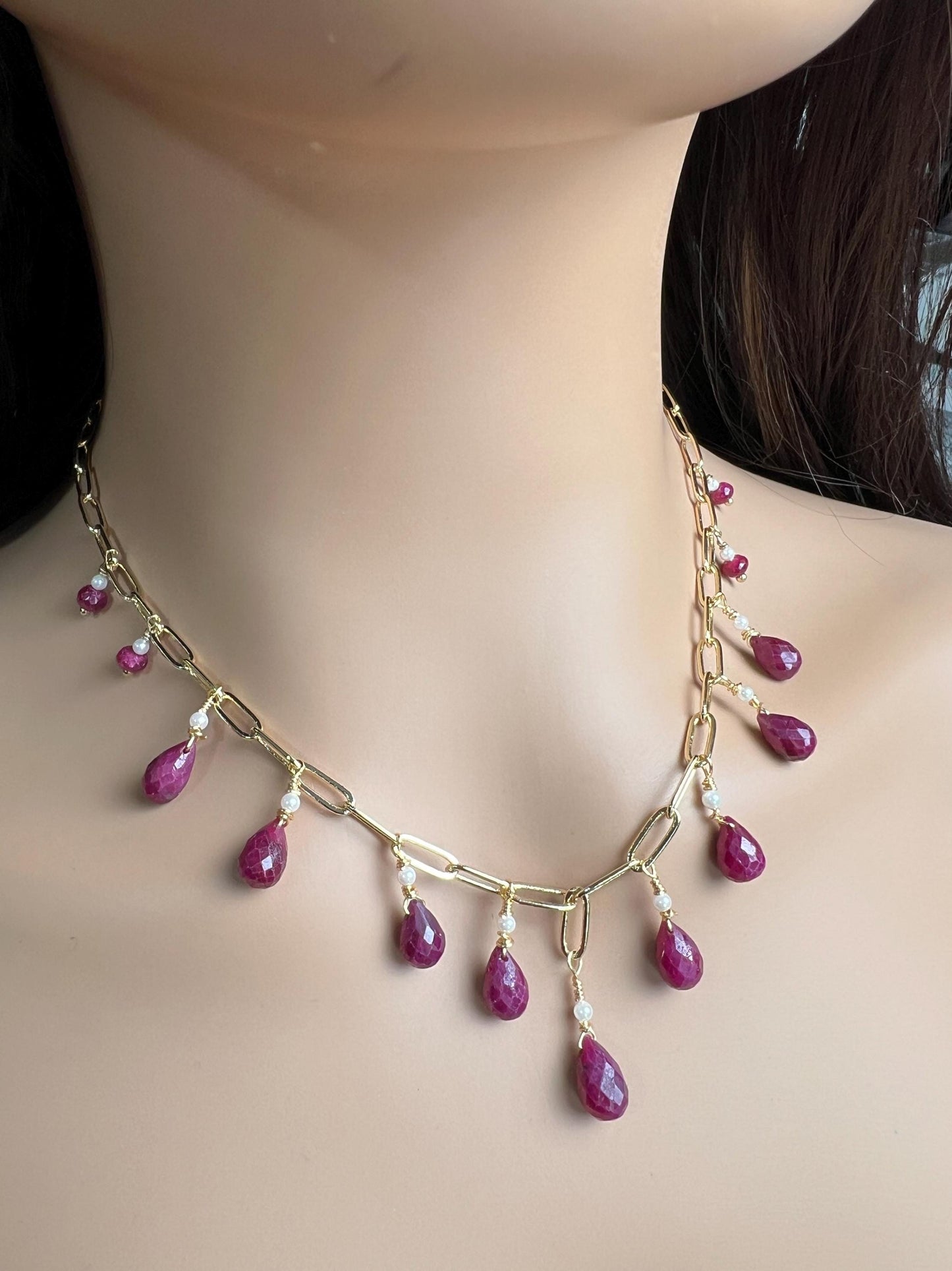 Natural Ruby red Faceted Drop Wire Wrapped Dangling 14k Gold Filled Handmade Necklace. Precious Elegant gift unity