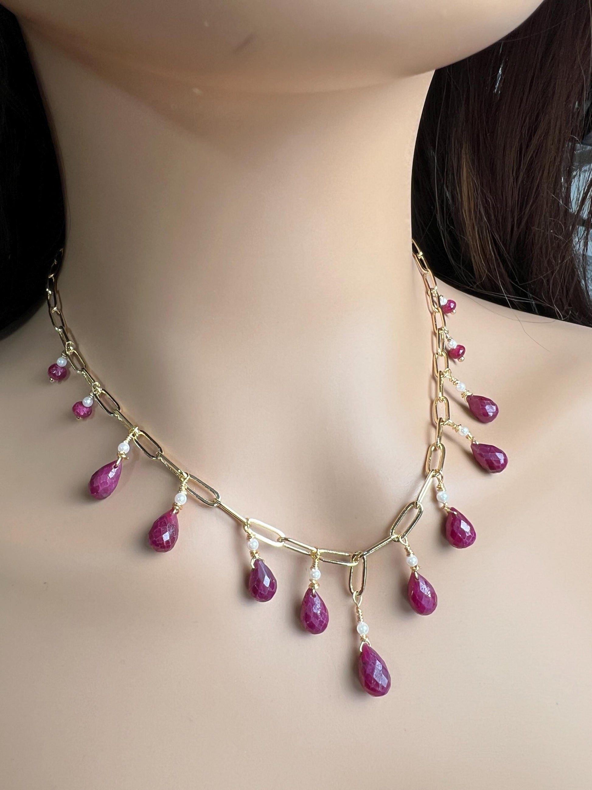 Natural Ruby red Faceted Drop Wire Wrapped Dangling 14k Gold Filled Handmade Necklace. Precious Elegant gift unity