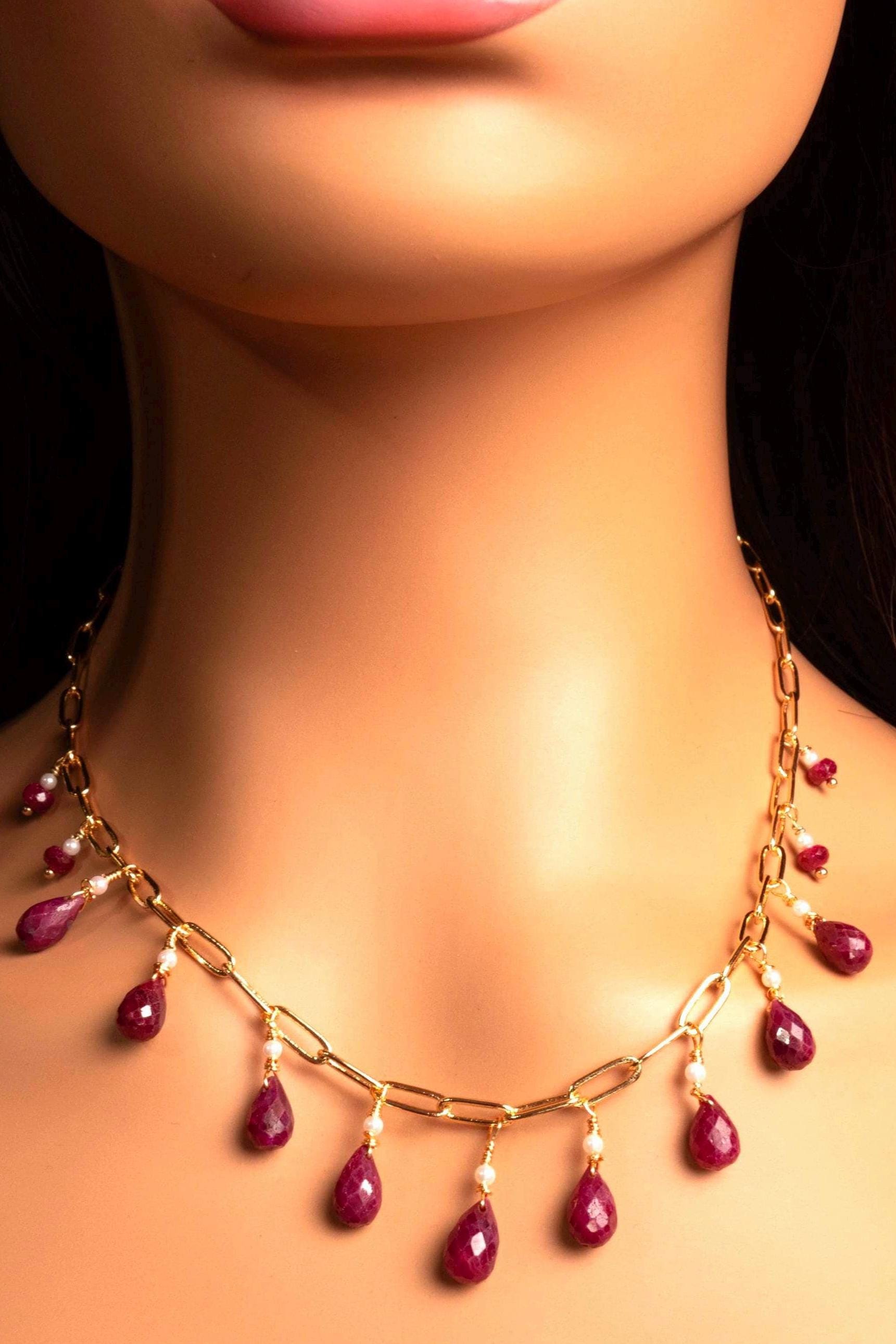 Natural Ruby red Faceted Drop Wire Wrapped Dangling 14k Gold Filled Handmade Necklace. Precious Elegant gift unity