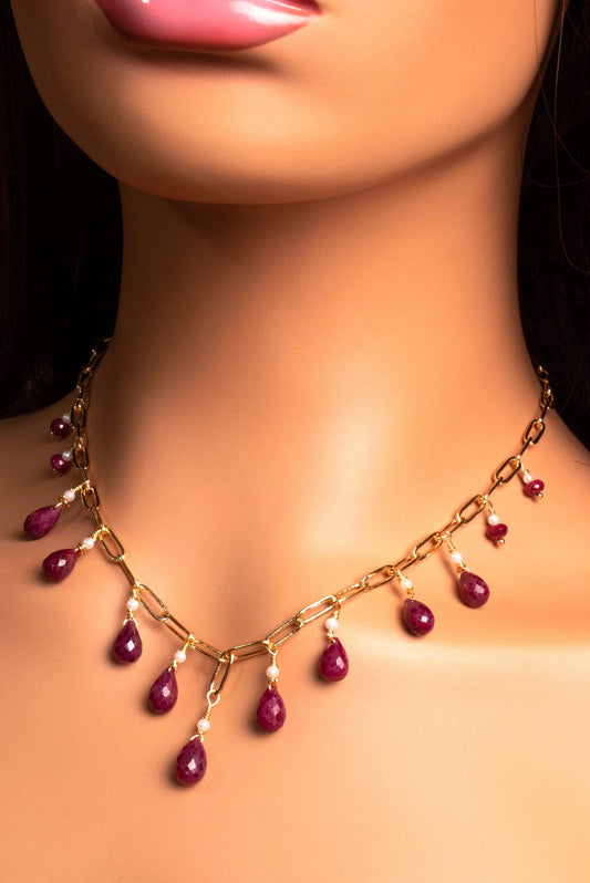 Natural Ruby red Faceted Drop Wire Wrapped Dangling 14k Gold Filled Handmade Necklace. Precious Elegant gift unity