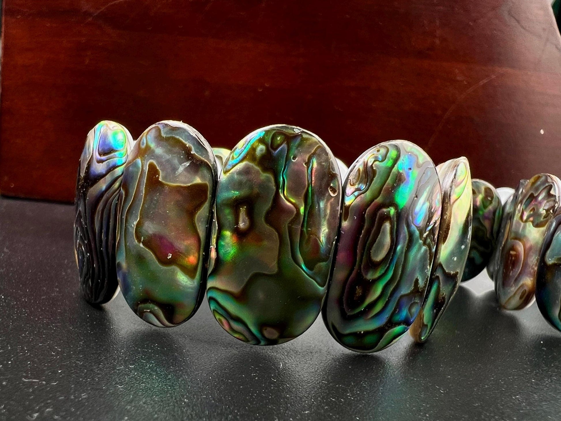 Genuine Abalone Paua Shell 16mm Double Drilled Vintage 7" Elastic Stretchy Bracelet