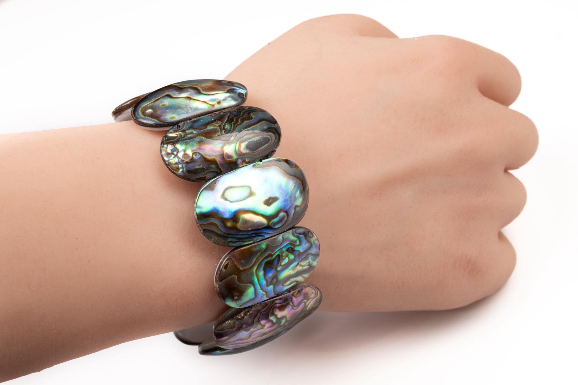 Genuine Abalone Paua Shell 16mm Double Drilled Vintage 7" Elastic Stretchy Bracelet