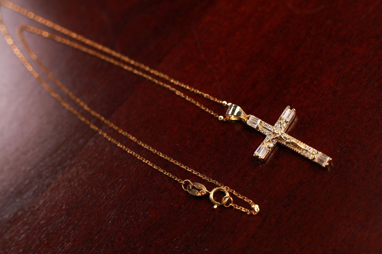 18k Gold Vermeil and 925 Sterling Silver CZ Diamonnd baguette setting Cross Pendant Necklace 925 stamped