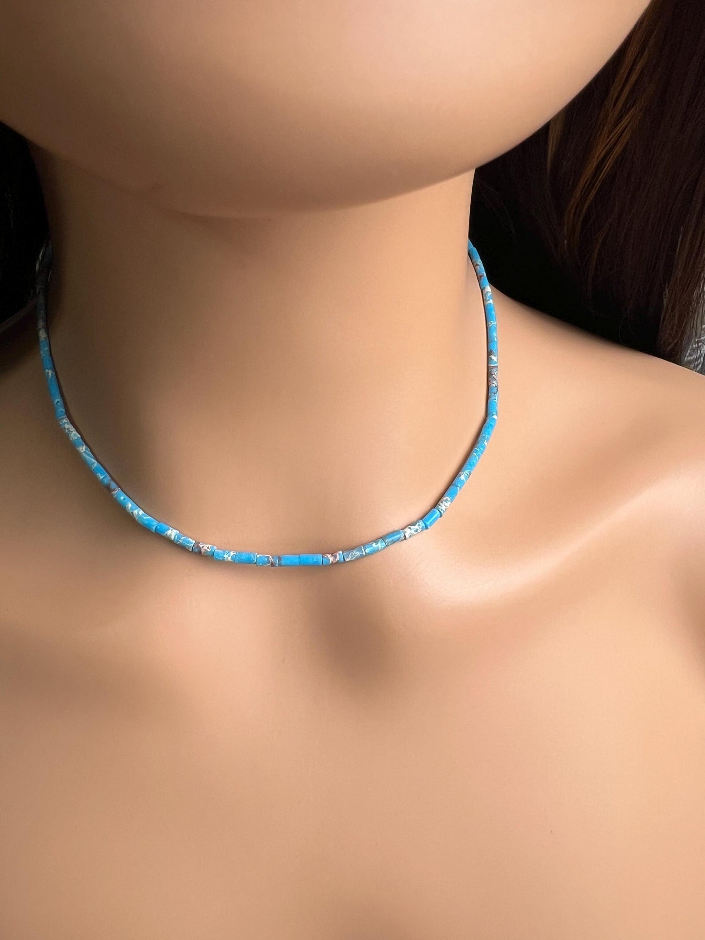 Turquoise blue tube shape beaded Choker Hand Made Necklace in December Birth Stone, Man or Woman gifts