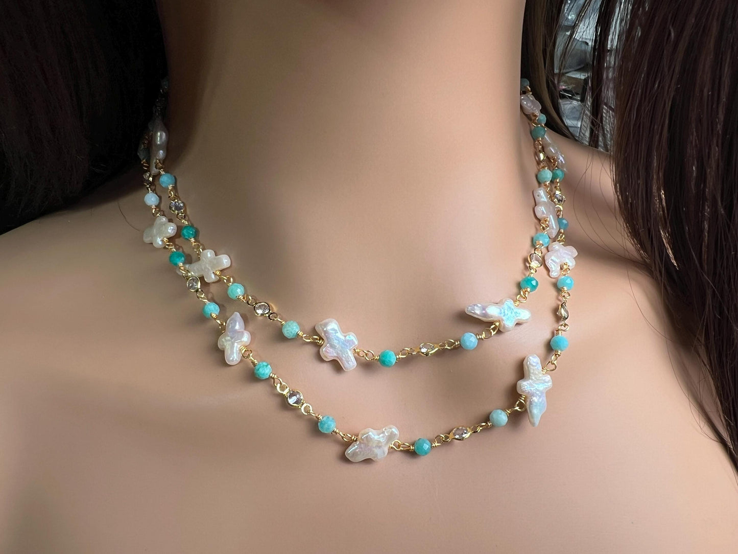 Natural Freshwater cross pearl blue opal CZ diamond handmade gold vermeil wire wraped necklace Very beautiful