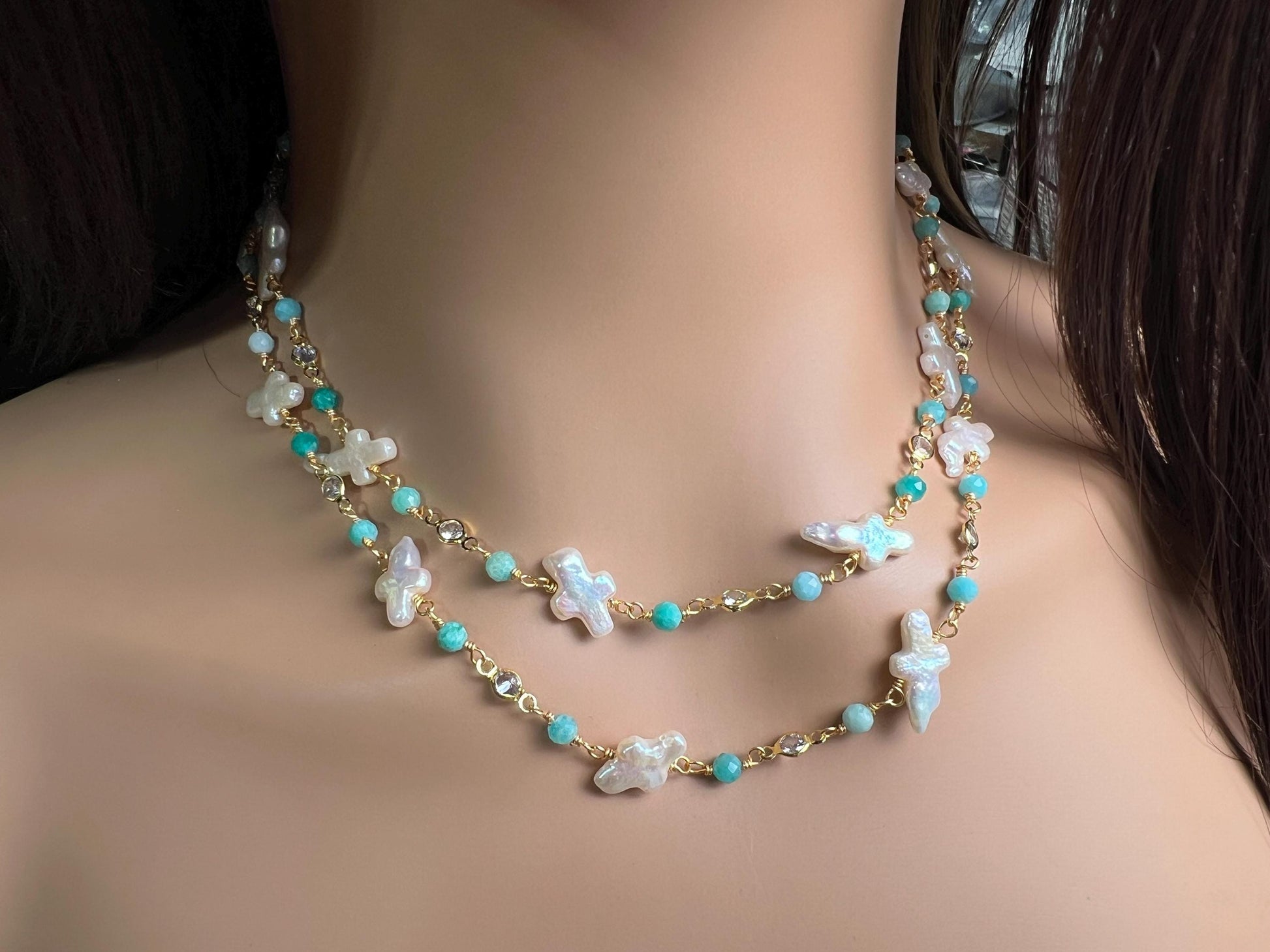 Natural Freshwater cross pearl blue opal CZ diamond handmade gold vermeil wire wraped necklace Very beautiful