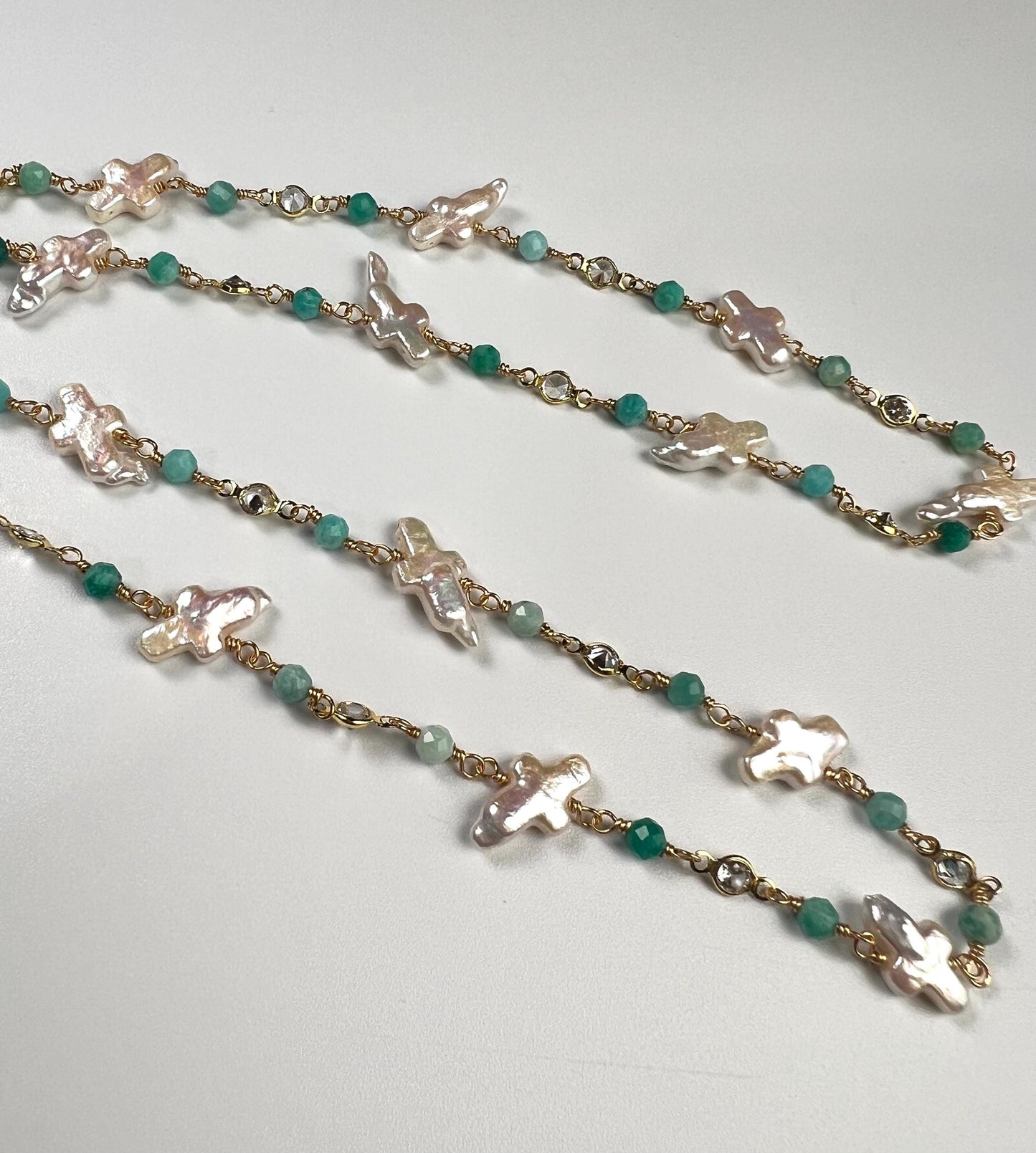 Natural Freshwater cross pearl blue opal CZ diamond handmade gold vermeil wire wraped necklace Very beautiful