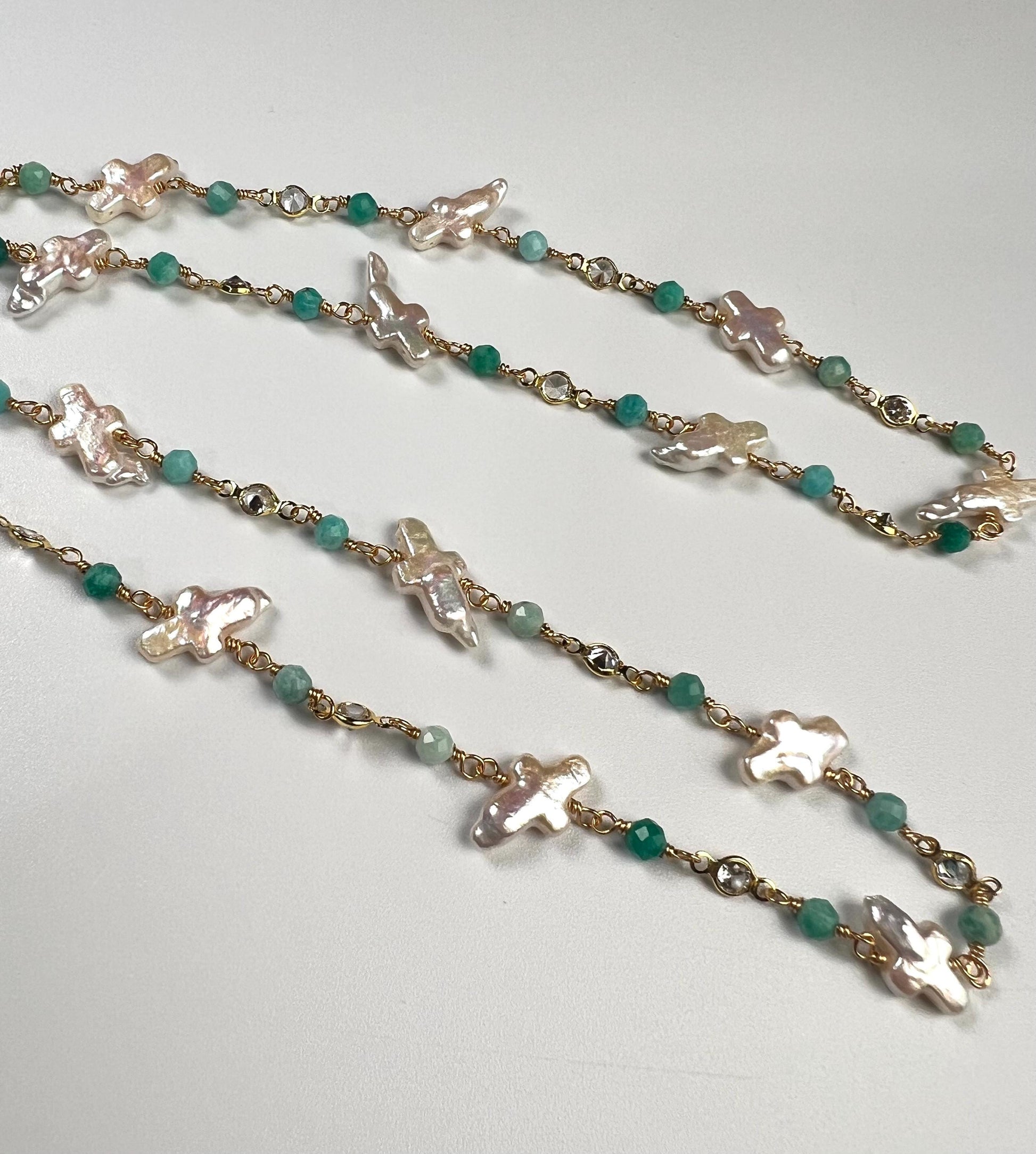 Natural Freshwater cross pearl blue opal CZ diamond handmade gold vermeil wire wraped necklace Very beautiful