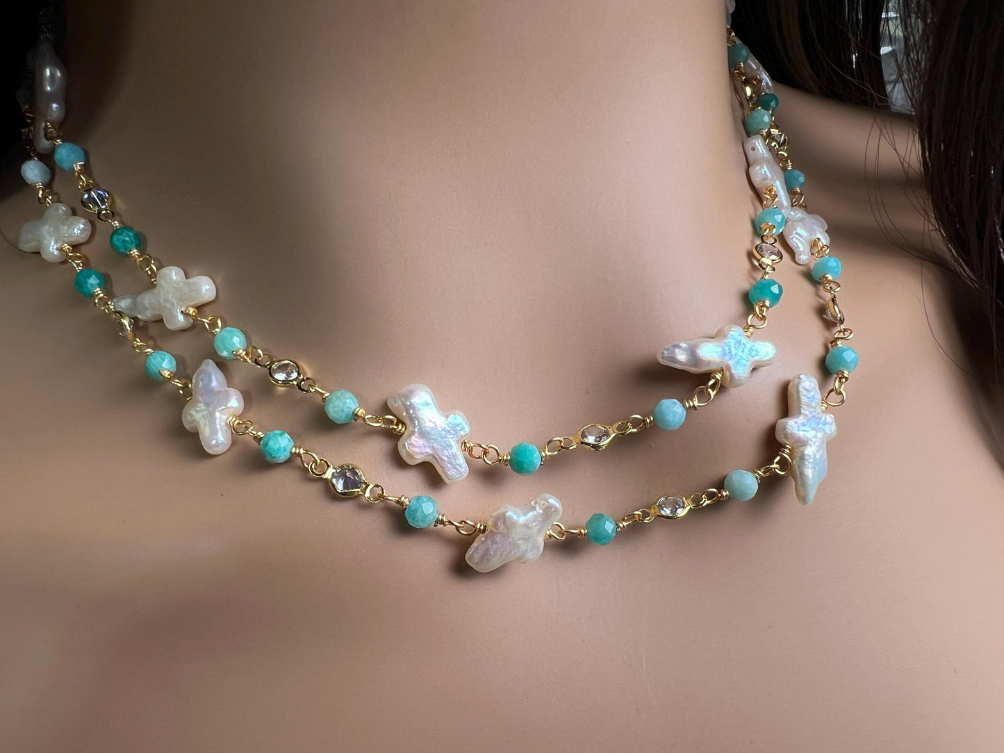 Natural Freshwater cross pearl blue opal CZ diamond handmade gold vermeil wire wraped necklace Very beautiful