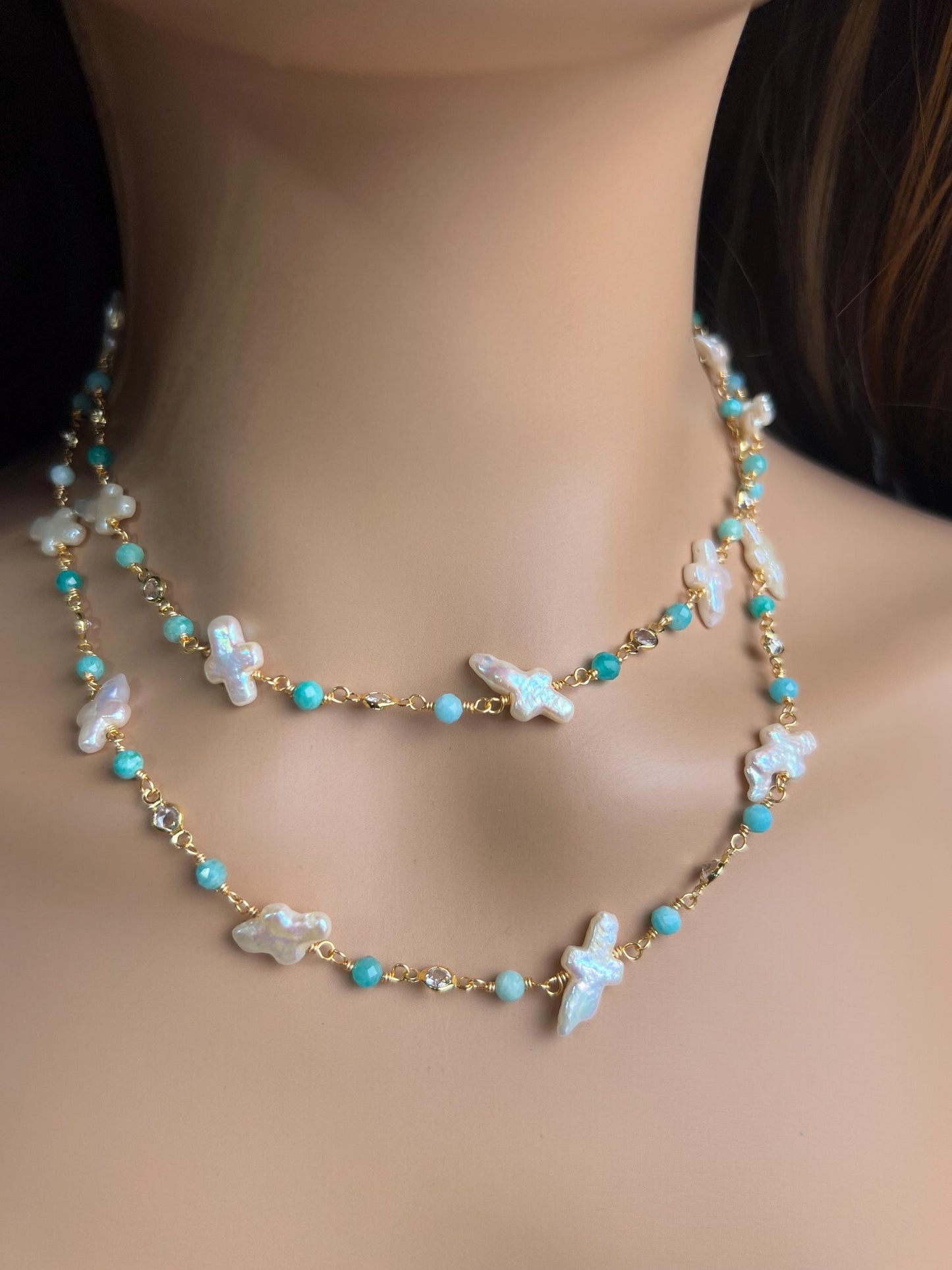 Natural Freshwater cross pearl blue opal CZ diamond handmade gold vermeil wire wraped necklace Very beautiful