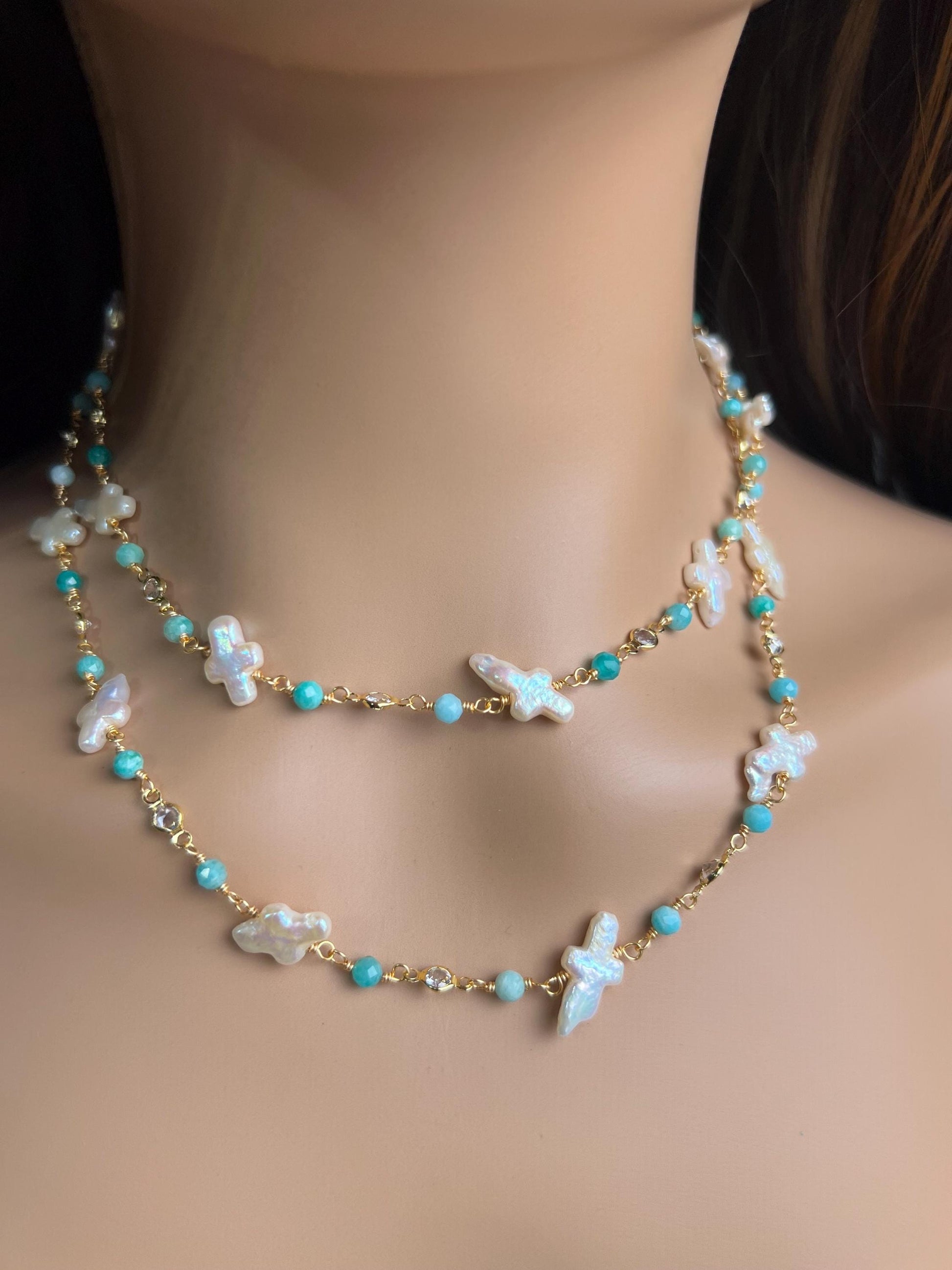 Natural Freshwater cross pearl blue opal CZ diamond handmade gold vermeil wire wraped necklace Very beautiful