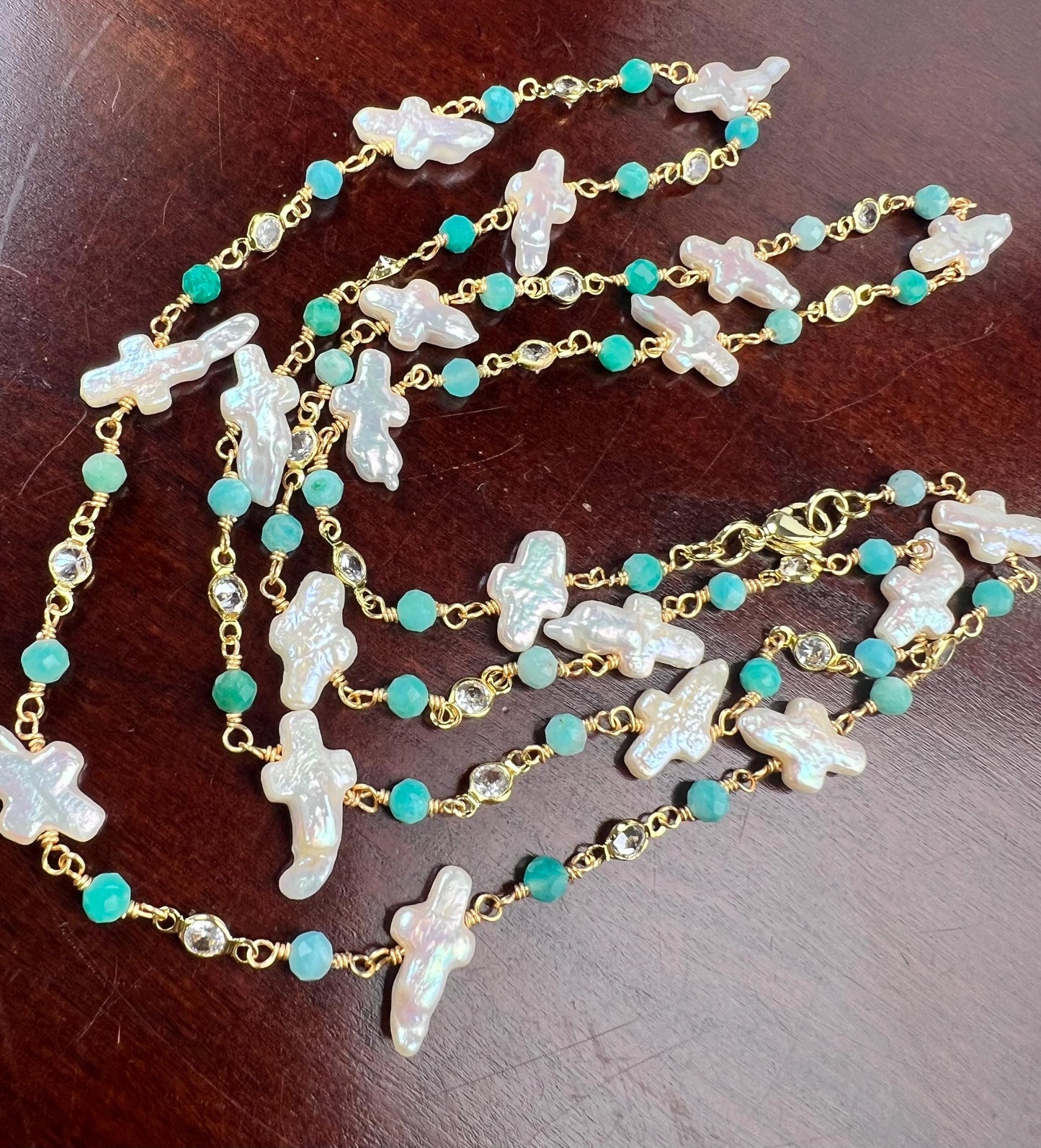 Natural Freshwater cross pearl blue opal CZ diamond handmade gold vermeil wire wraped necklace Very beautiful