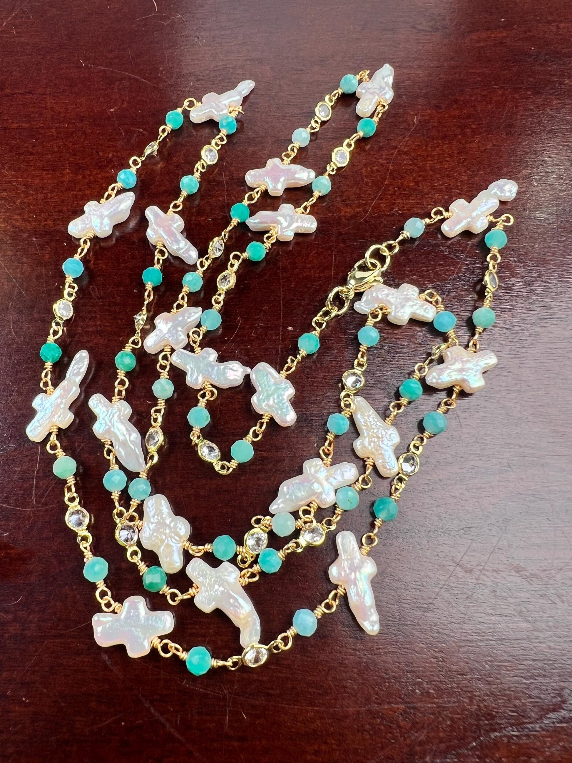 Natural Freshwater cross pearl blue opal CZ diamond handmade gold vermeil wire wraped necklace Very beautiful