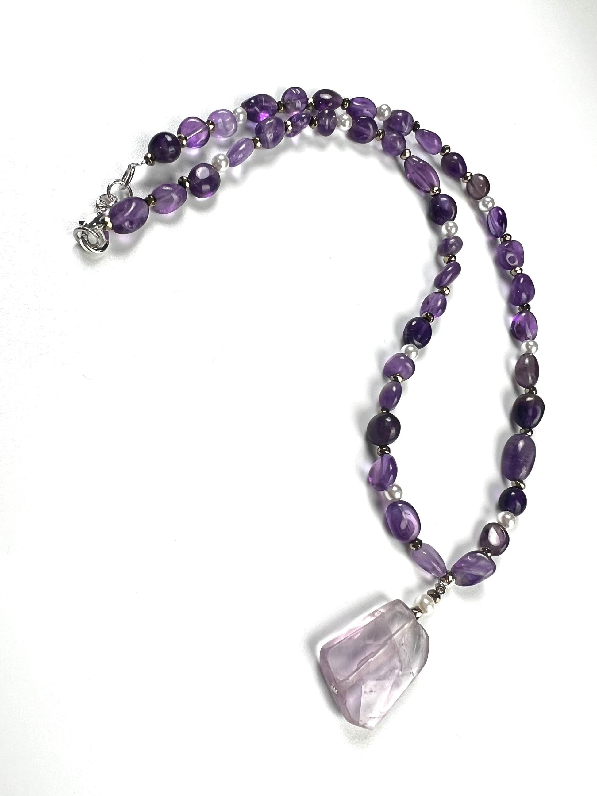 Amethyst oval freshwater pearl and pyrite spacer Amethyst pendant necklace February Birthstone Energy, Meditation yoga Necklace