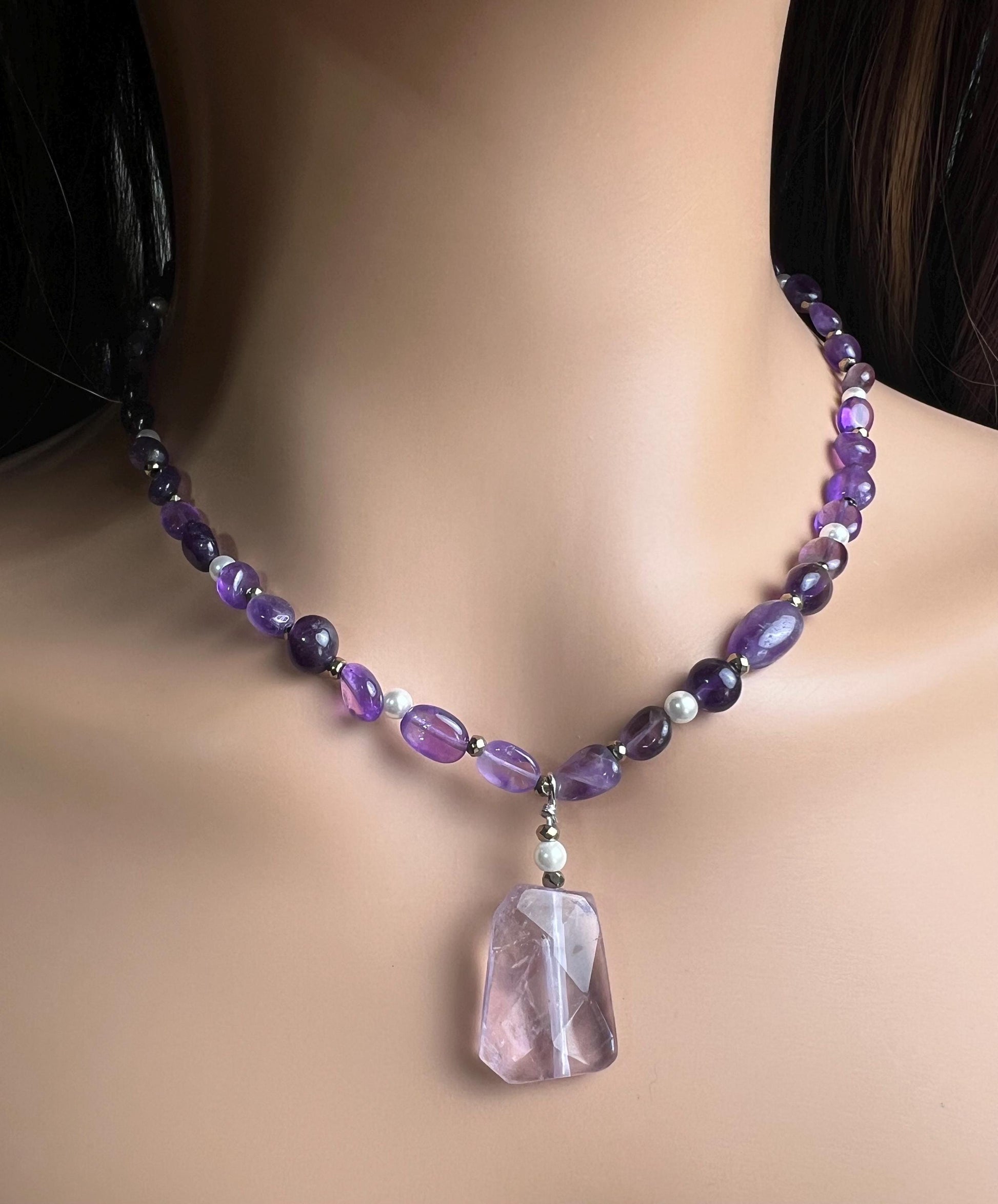 Amethyst oval freshwater pearl and pyrite spacer Amethyst pendant necklace February Birthstone Energy, Meditation yoga Necklace
