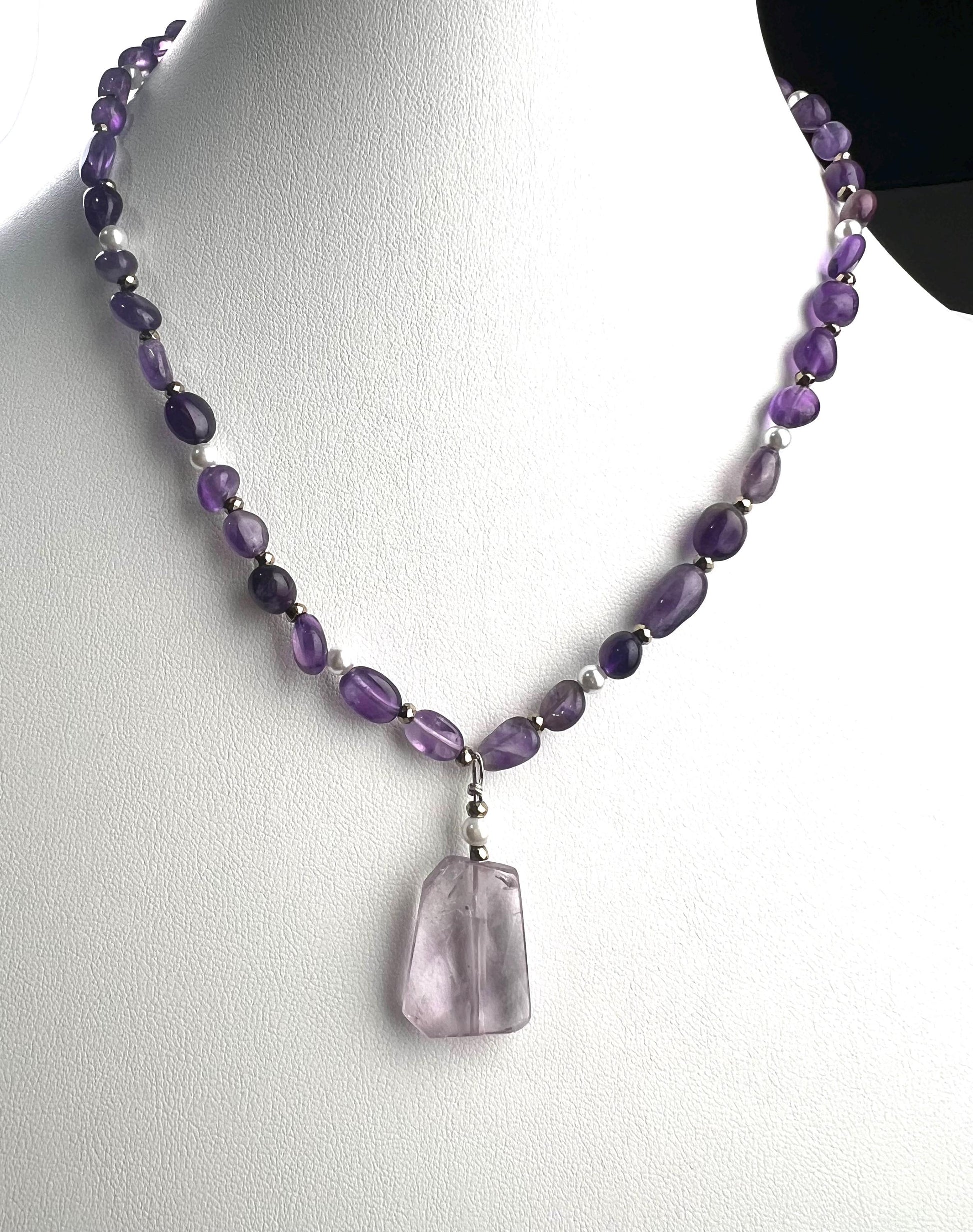 Amethyst oval freshwater pearl and pyrite spacer Amethyst pendant necklace February Birthstone Energy, Meditation yoga Necklace