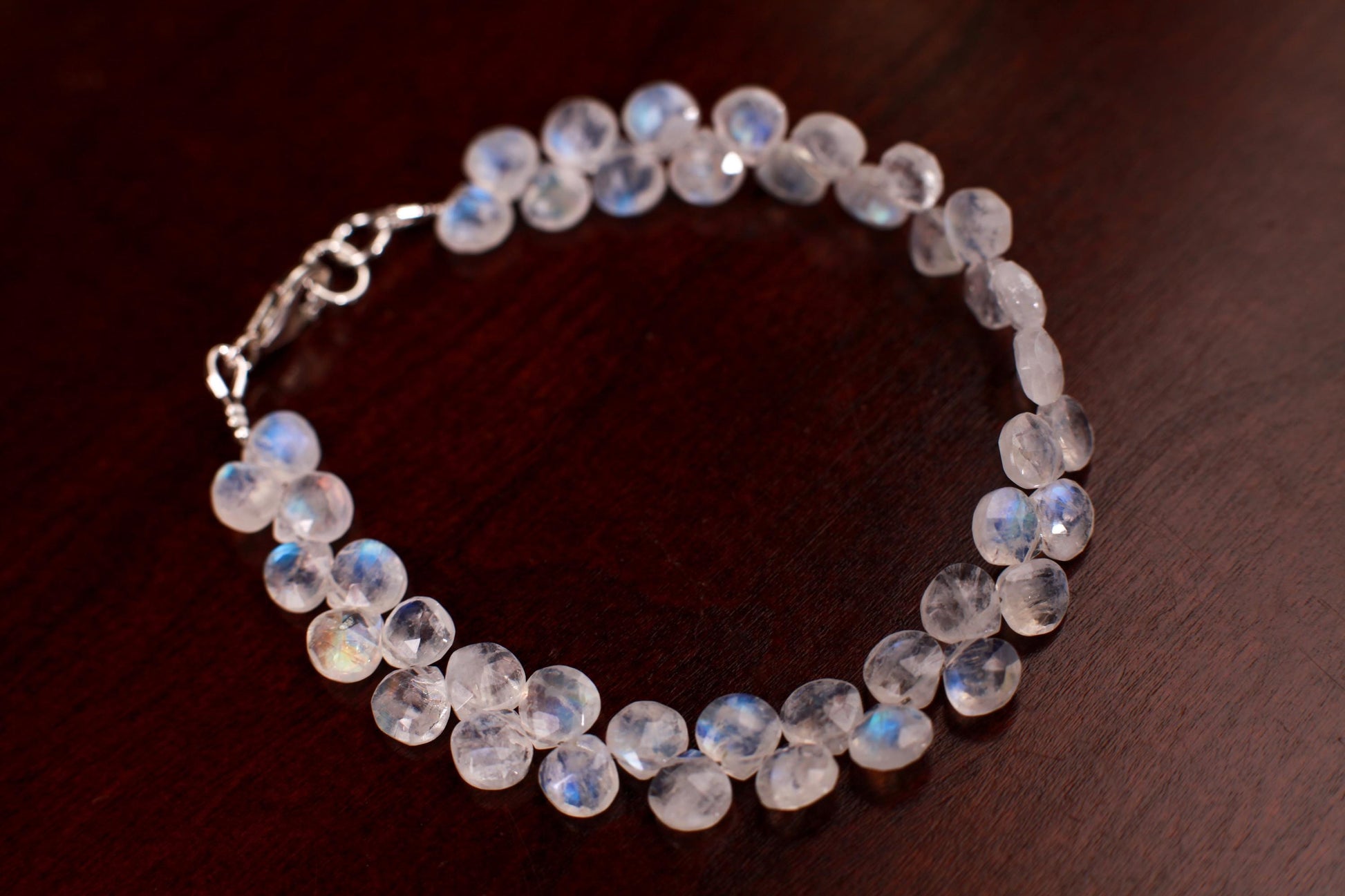 Natural Rainbow Moonstone Heart Shape Diamond cut Faceted Drop Gemstone 925 Sterling Silver Bracelet. AAA Quality Hsndmade Gift.