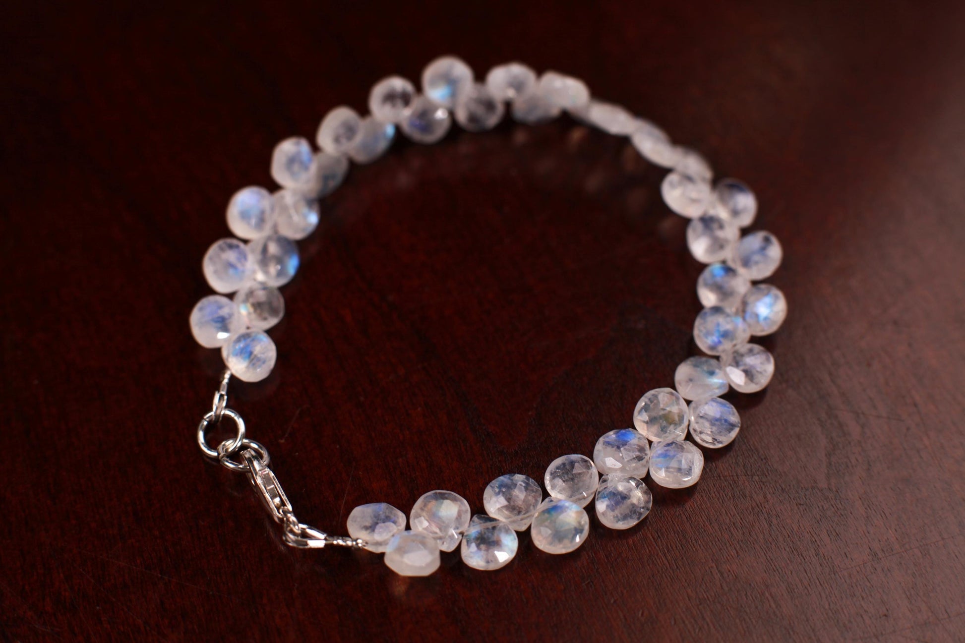 Natural Rainbow Moonstone Heart Shape Diamond cut Faceted Drop Gemstone 925 Sterling Silver Bracelet. AAA Quality Hsndmade Gift.