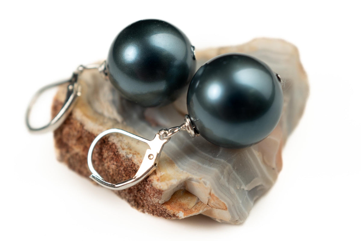 Teal Green South Sea Shell Pearl 16mm Leverback Earrings, Boho, Handmade Gift for Her
