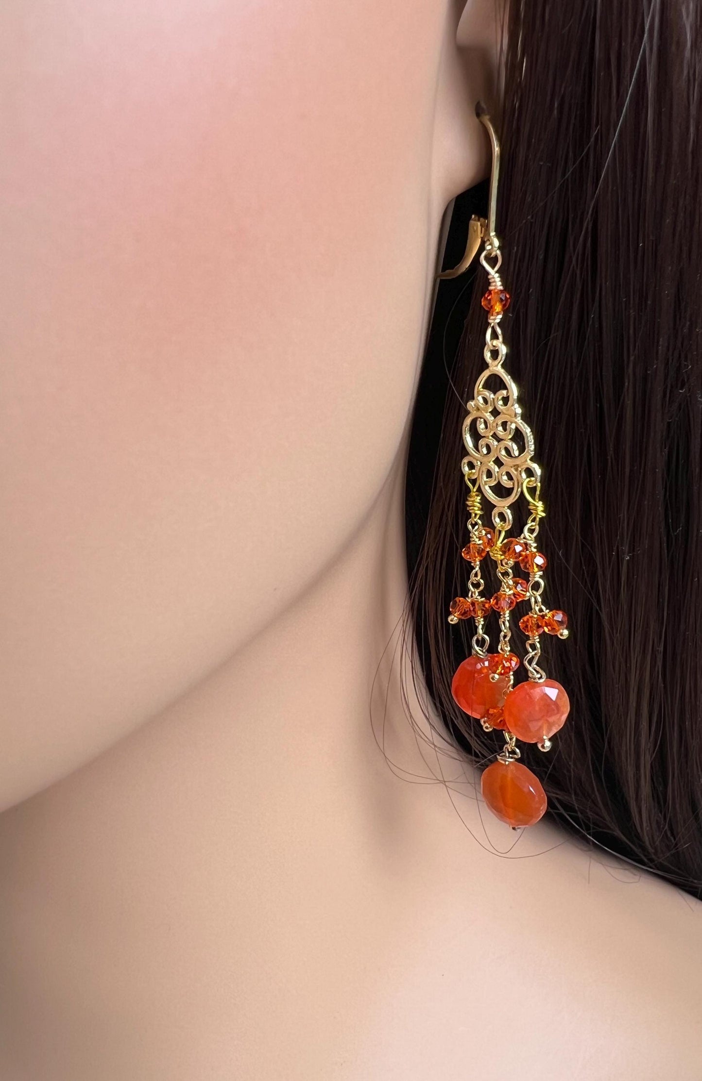 Natural Carnelian faceted orange chandelier 18k gold Vermeil earrings