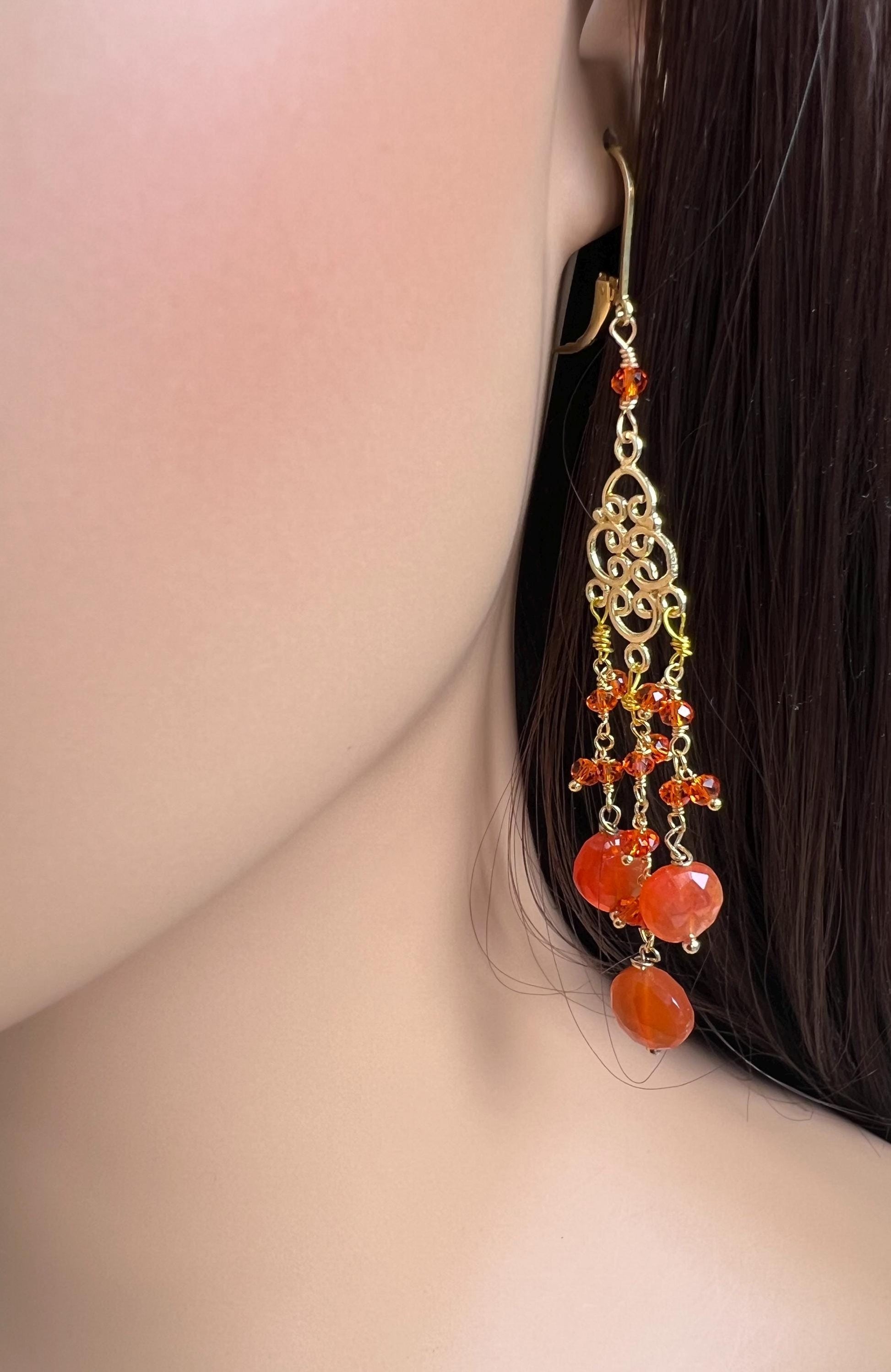 Natural Carnelian faceted orange chandelier 18k gold Vermeil earrings