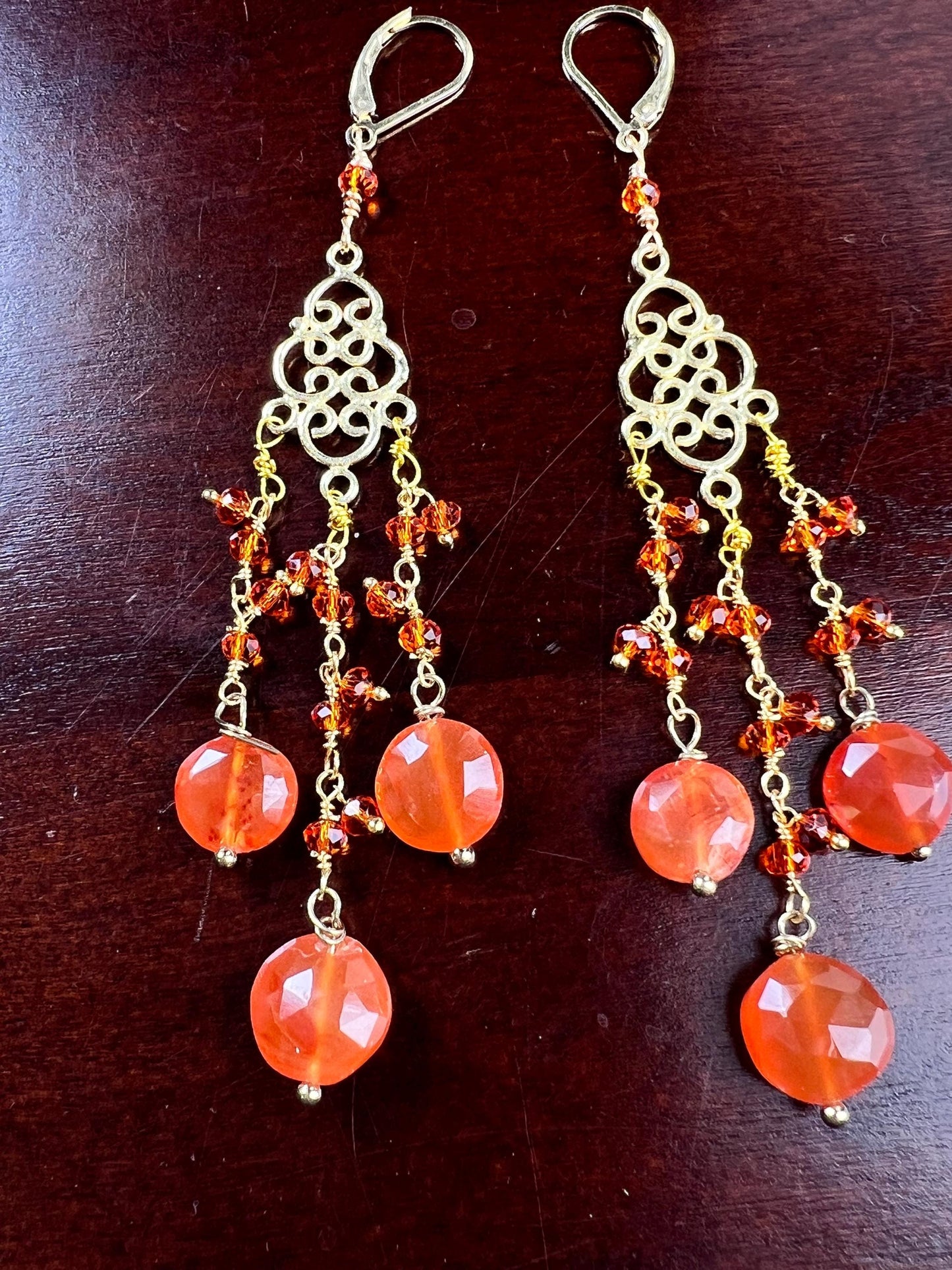 Natural Carnelian faceted orange chandelier 18k gold Vermeil earrings