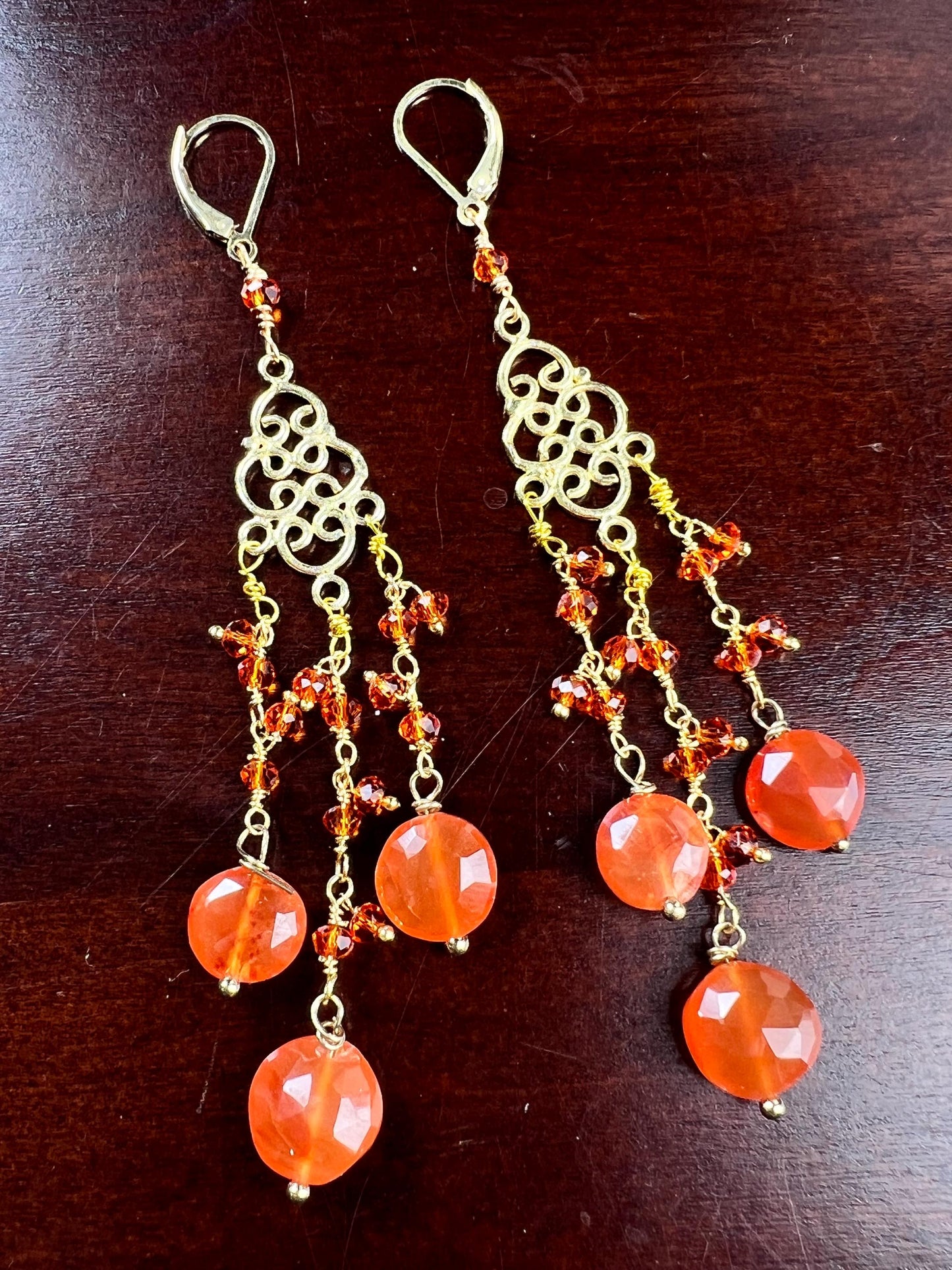 Natural Carnelian faceted orange chandelier 18k gold Vermeil earrings