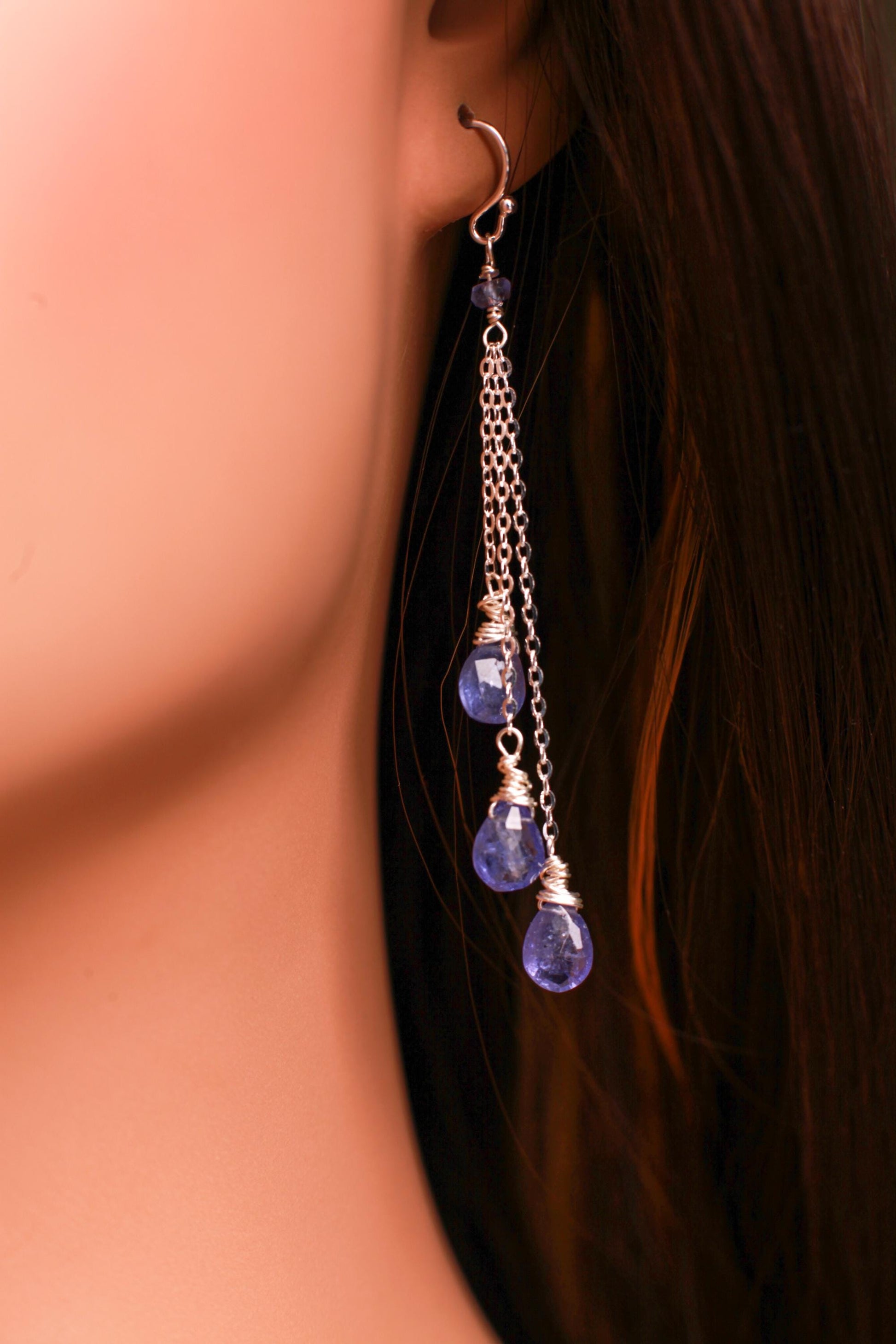 Natural Tanzanite AAA Quality 3 Drop 925 Sterling Silver Earrings
