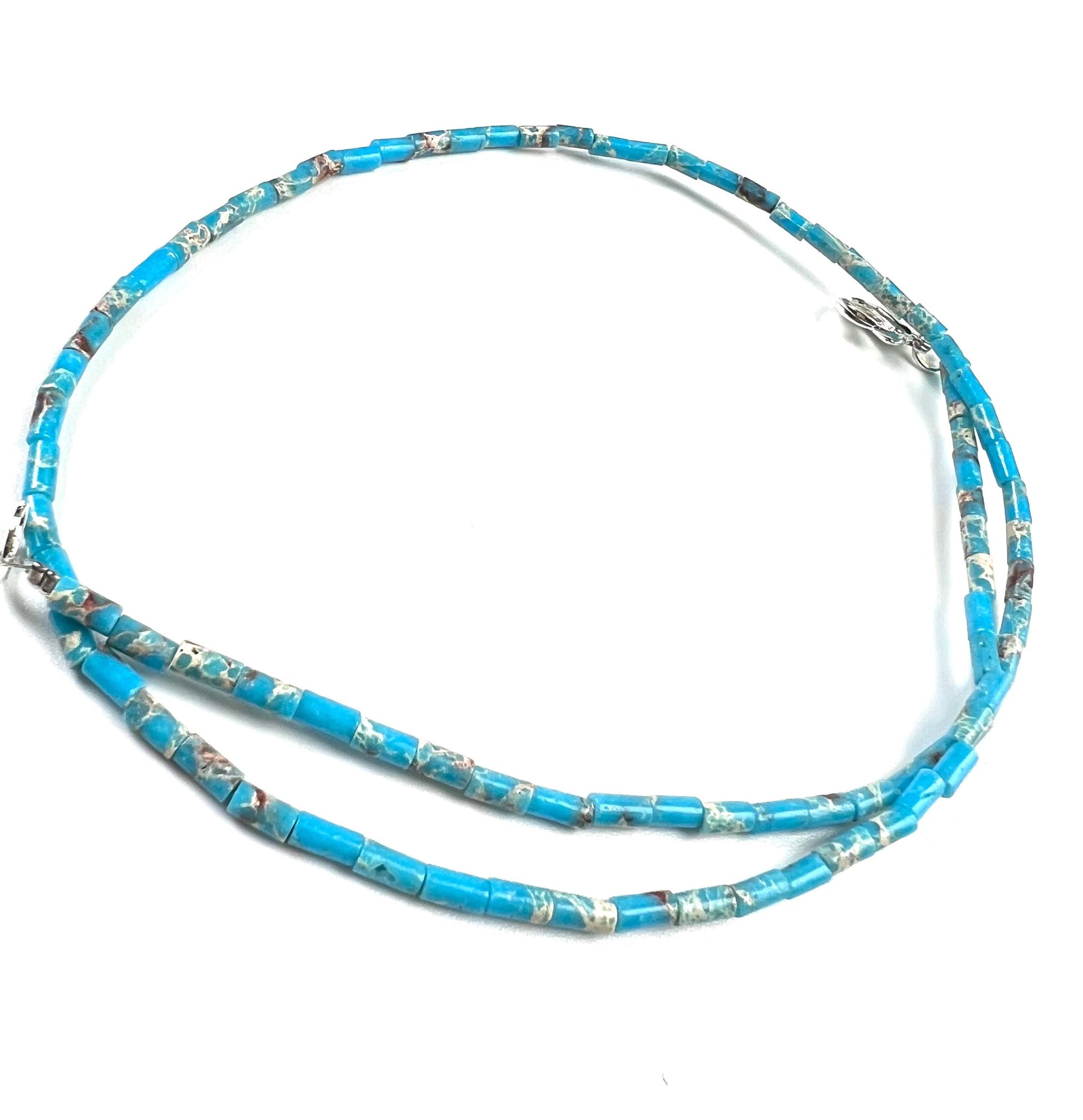 Turquoise blue tube shape beaded Choker Hand Made Necklace in December Birth Stone, Man or Woman gifts