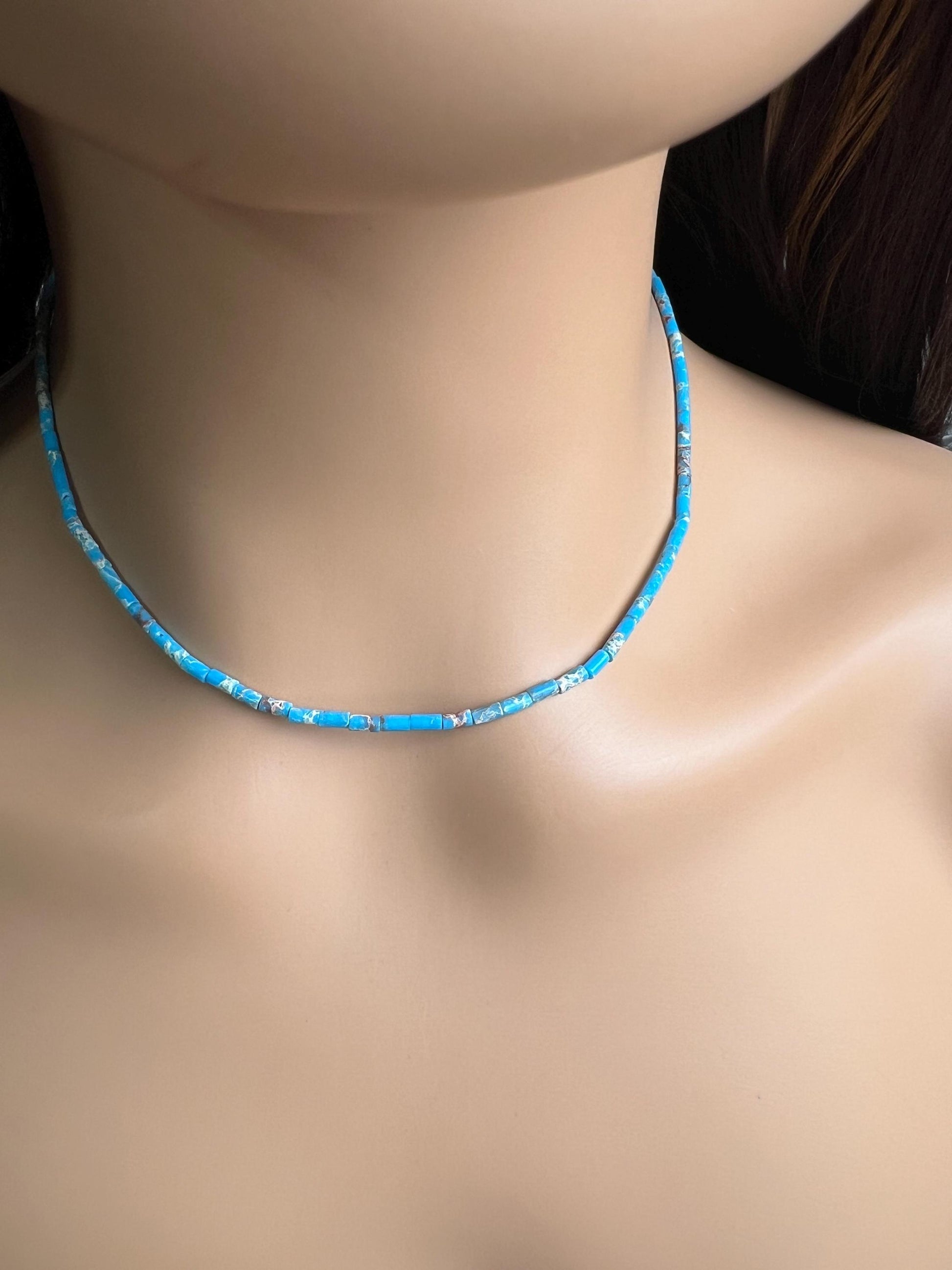 Turquoise blue tube shape beaded Choker Hand Made Necklace in December Birth Stone, Man or Woman gifts