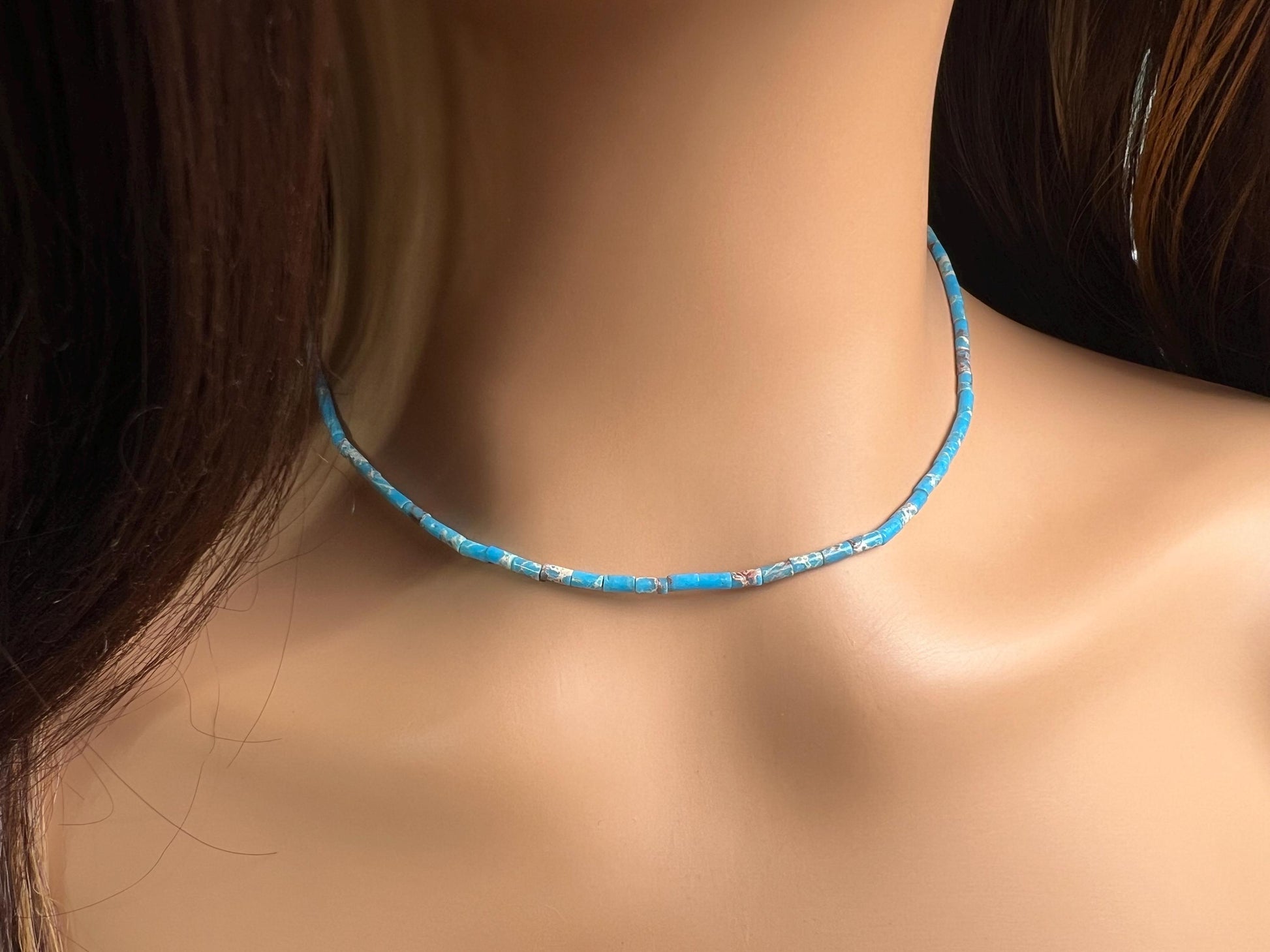 Turquoise blue tube shape beaded Choker Hand Made Necklace in December Birth Stone, Man or Woman gifts