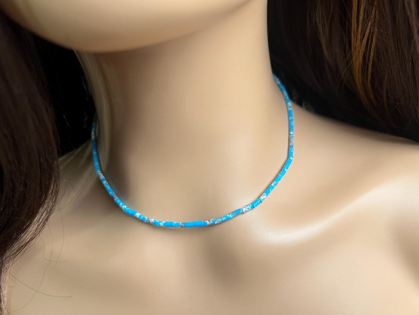 Turquoise blue tube shape beaded Choker Hand Made Necklace in December Birth Stone, Man or Woman gifts