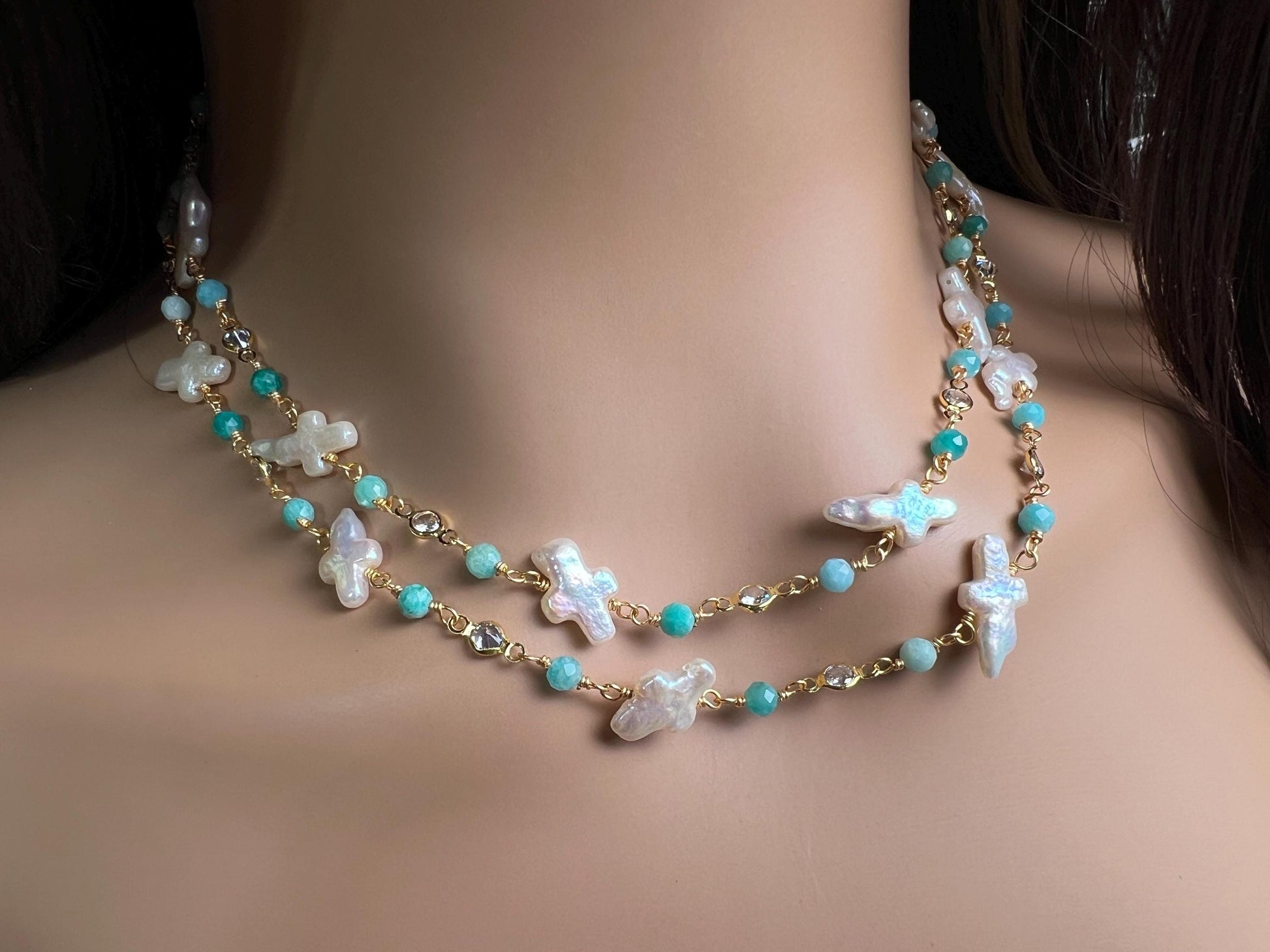 Natural Freshwater cross pearl blue opal CZ diamond handmade gold vermeil wire wraped necklace Very beautiful