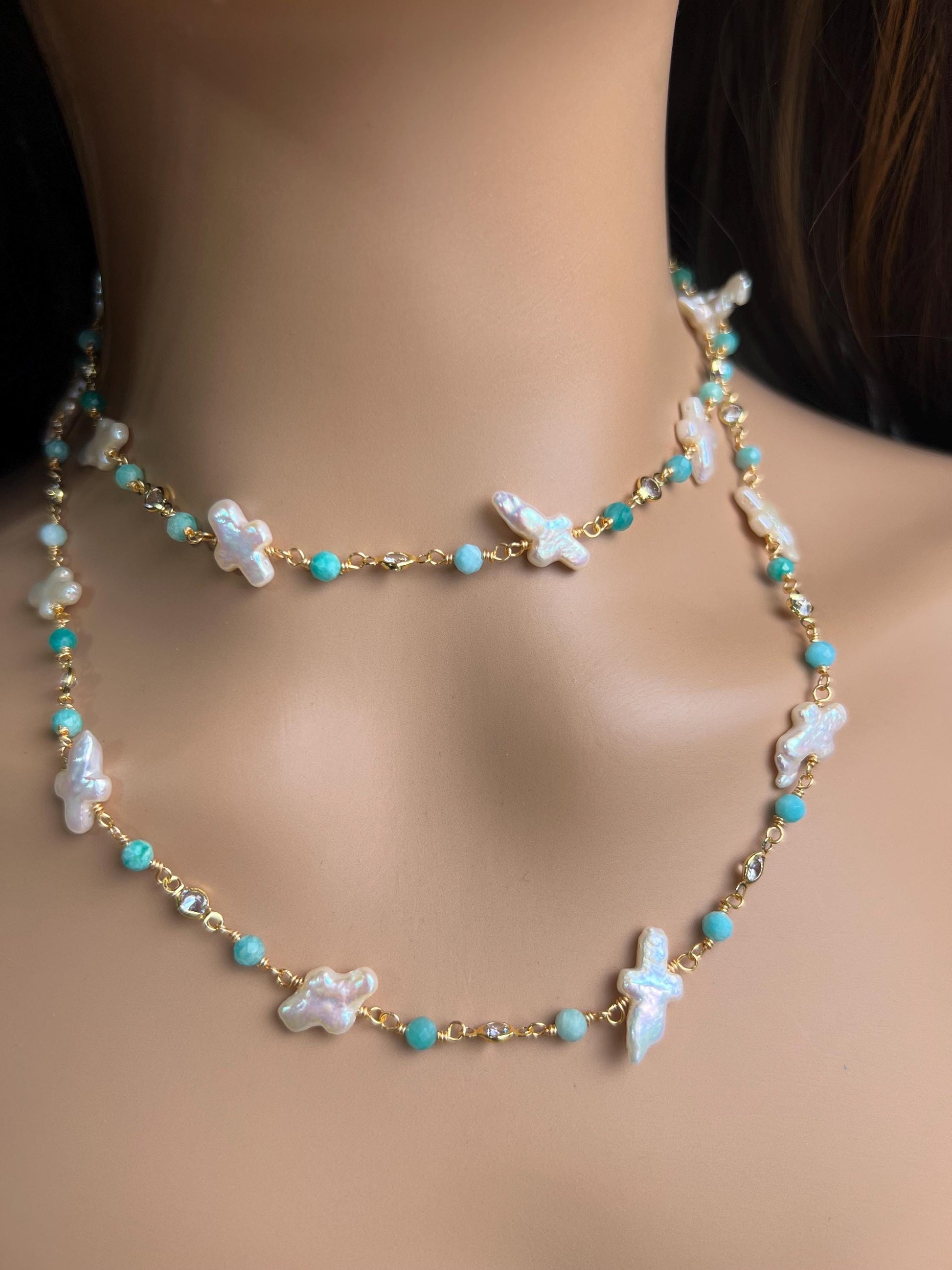 Natural Freshwater cross pearl blue opal CZ diamond handmade gold vermeil wire wraped necklace Very beautiful